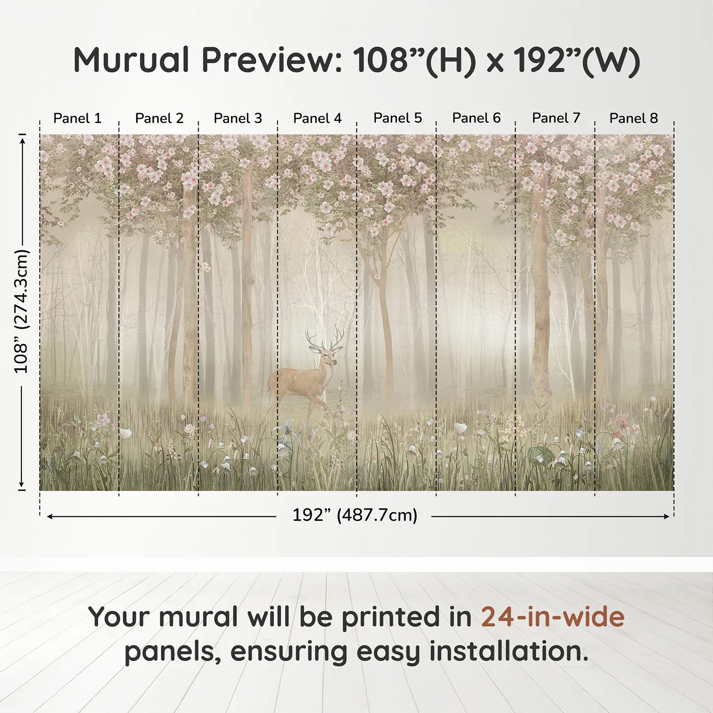 Whimsy Tots Misty Blossom Forest Stag Wall Muraldimension view (108" H x 192" W). Printed in eight 24-inch-wide panels. Gender-Neutral