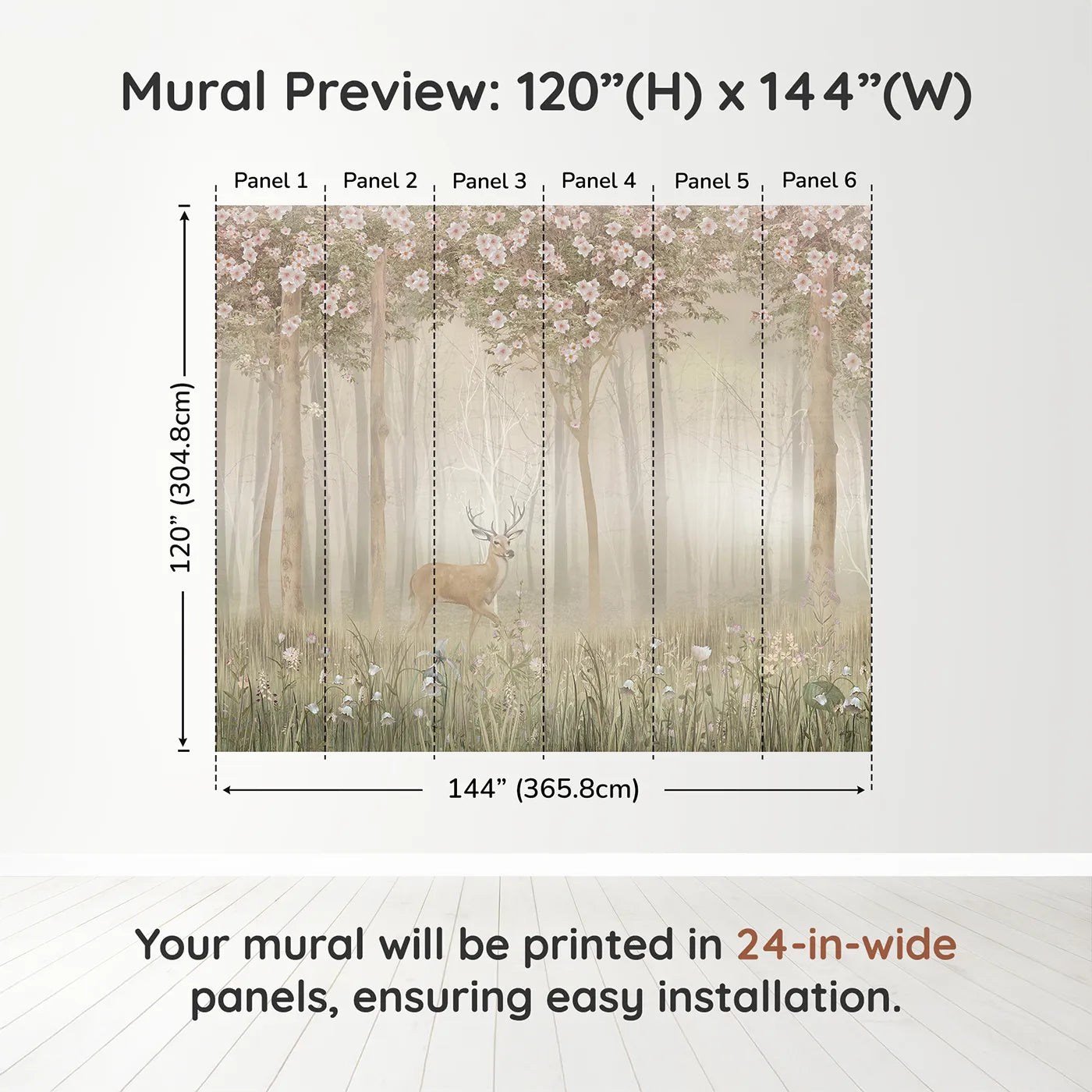 Whimsy Tots Misty Blossom Forest Stag Wall Muraldimension view (120" H x 144" W). Printed in six 24-inch-wide panels. Gender-Neutral