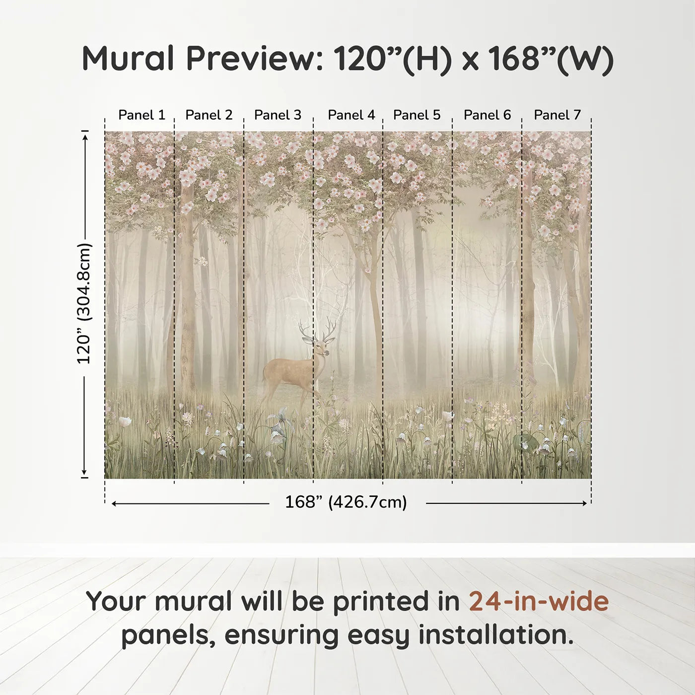 Whimsy Tots Misty Blossom Forest Stag Wall Muraldimension view (120" H x 168" W). Printed in seven 24-inch-wide panels. Gender-Neutral