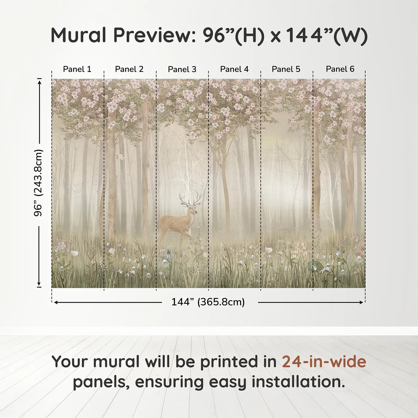 Whimsy Tots Misty Blossom Forest Stag Wall Muraldimension view (96" H x 144" W). Printed in six 24-inch-wide panels. Gender-Neutral