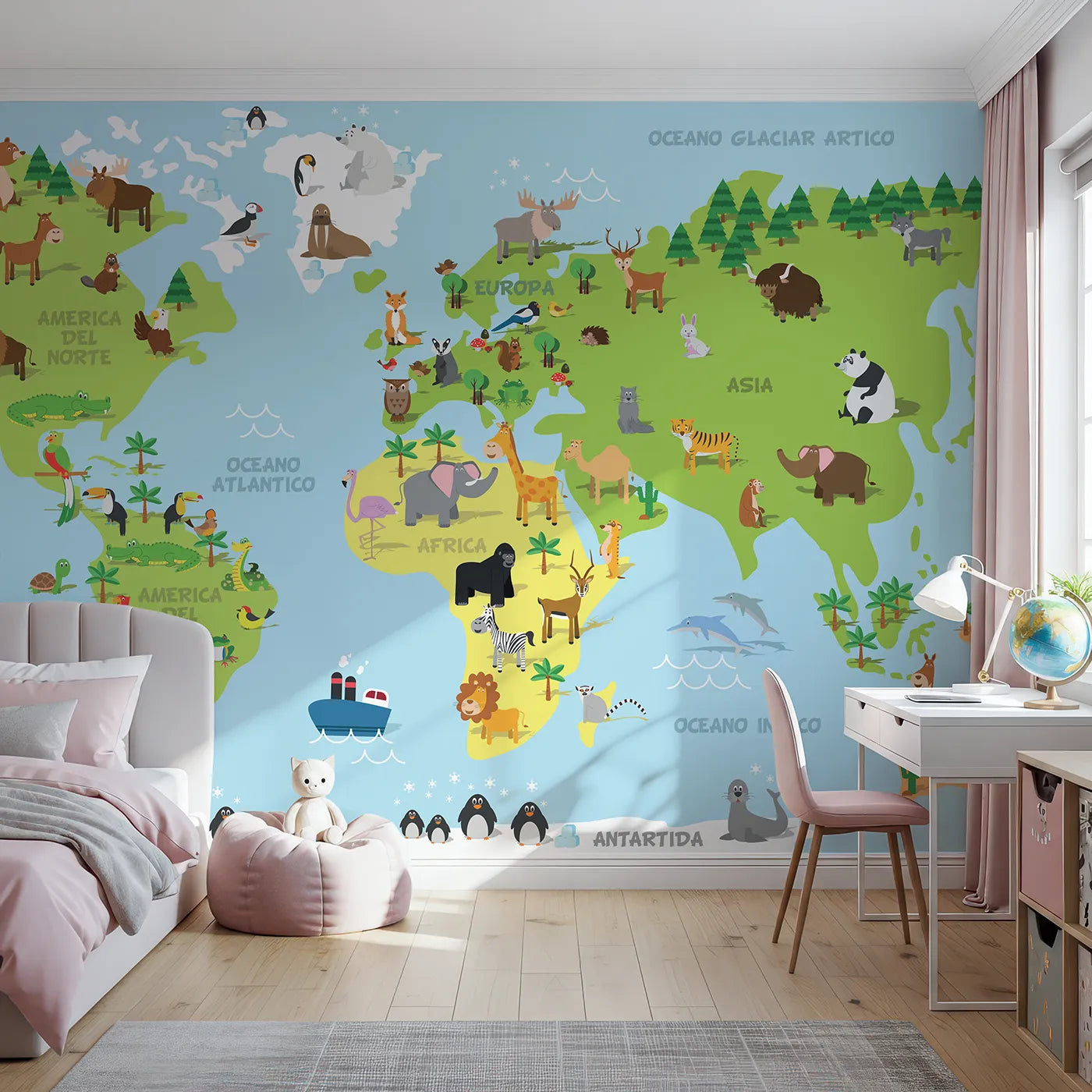 Front view of Whimsy Tots' Spanish Animal World Map Wall Mural