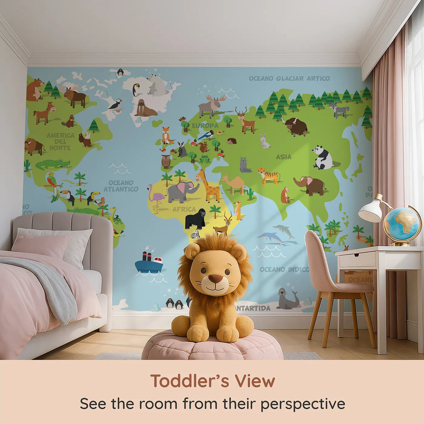 Whimsy Tots Spanish Animal World Map Wall Mural (Turn Their Room into a Fun and Friendly Global Tour) from your child's view.Gender-Neutral