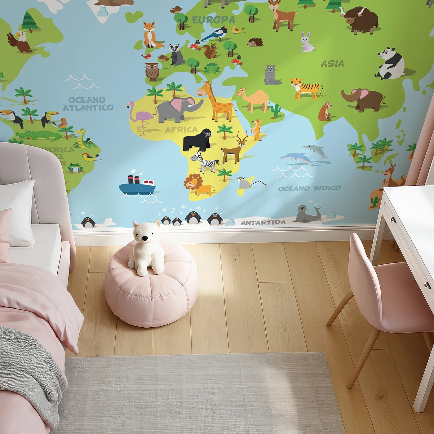 Top-down view of Whimsy Tots' Spanish Animal World Map Wall Mural (Turn Their Room into a Fun and Friendly Global Tour).Gender-Neutral