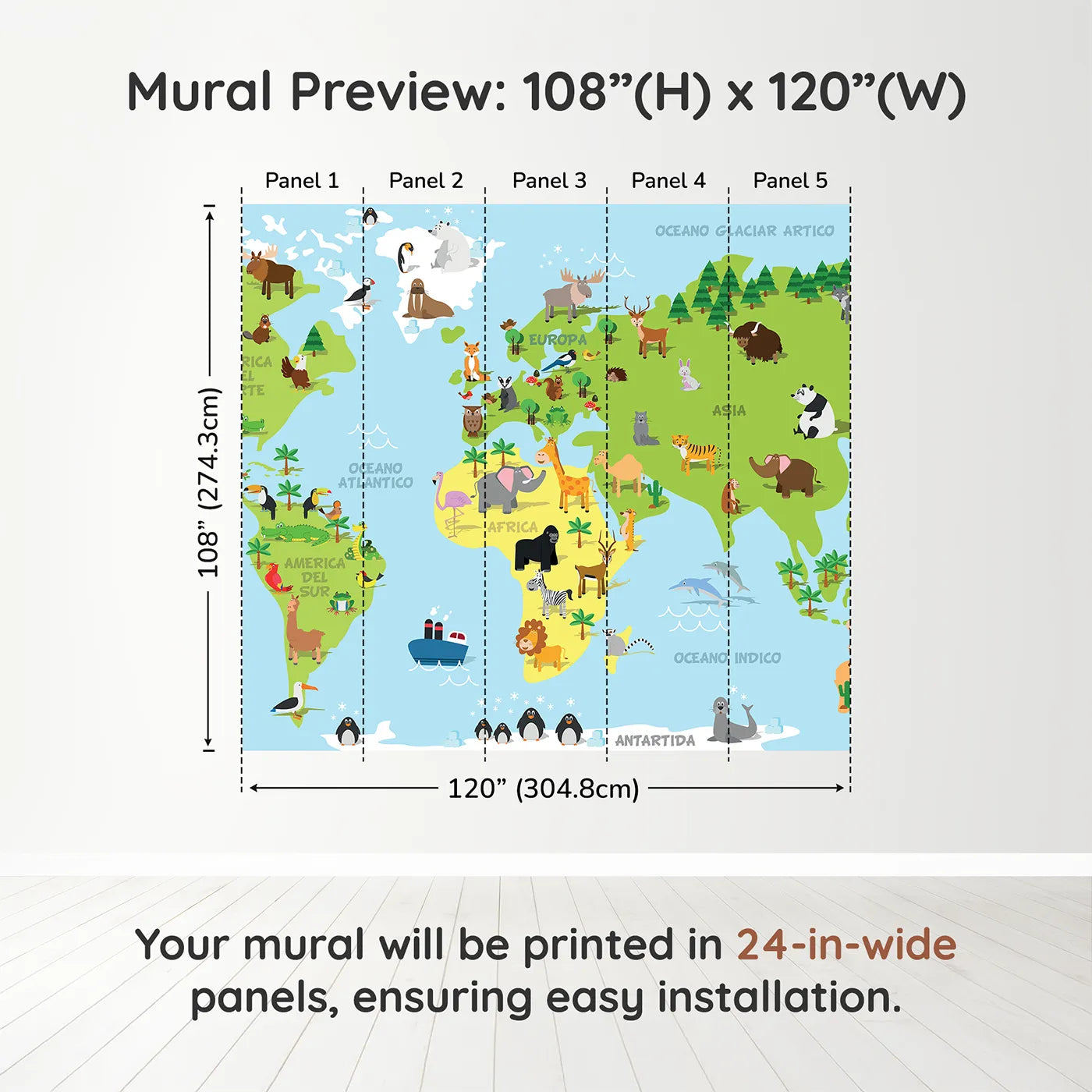 Whimsy Tots Spanish Animal World Map Wall Muraldimension view (108" H x 120" W). Printed in five 24-inch-wide panels. Gender-Neutral