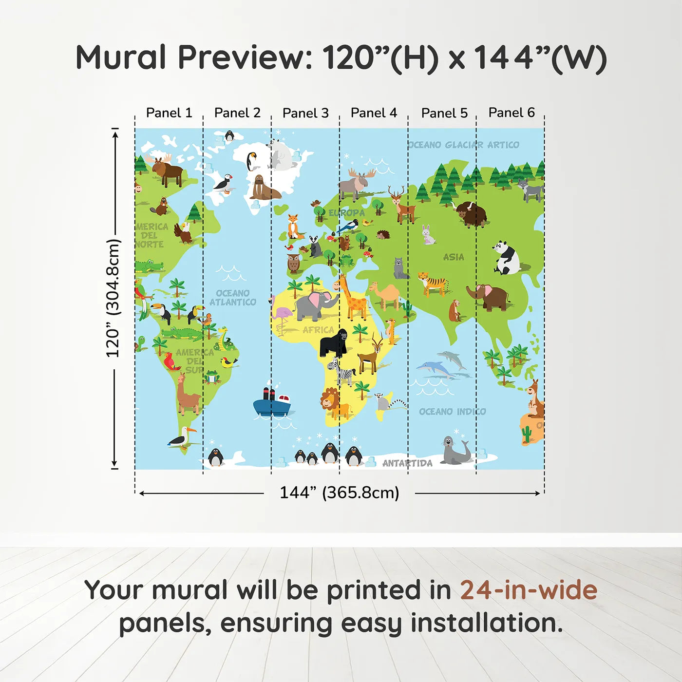 Whimsy Tots Spanish Animal World Map Wall Muraldimension view (120" H x 144" W). Printed in six 24-inch-wide panels. Gender-Neutral