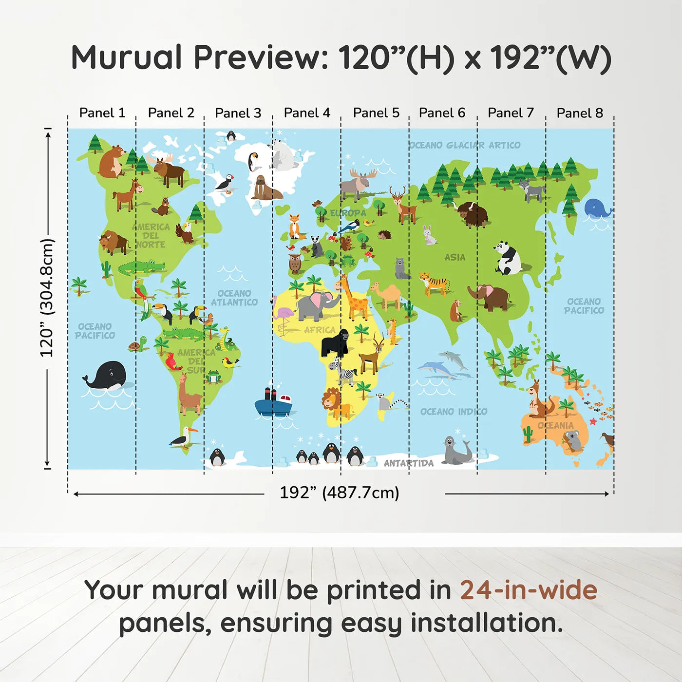Whimsy Tots Spanish Animal World Map Wall Muraldimension view (120" H x 192" W). Printed in eight 24-inch-wide panels. Gender-Neutral