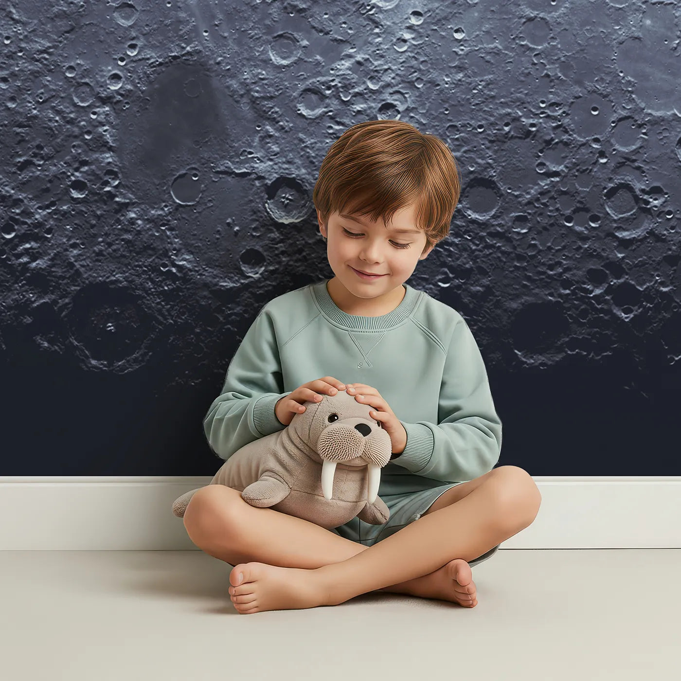 Child in front of Whimsy Tots The Moon Wall Mural with moon, space, crater, realistic, science, astronomy, cosmos, lunar in design.