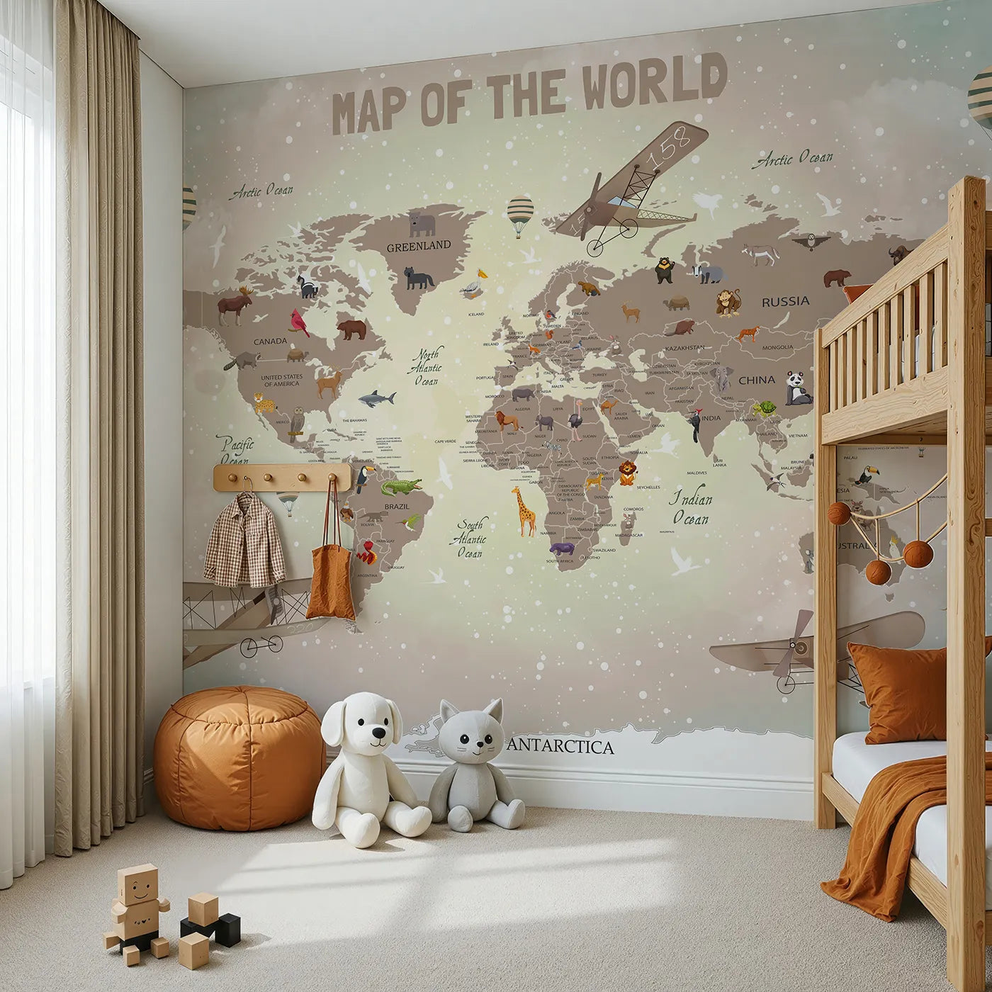 Angled view of Whimsy Tots' Vintage Animal Aviator World Map Wall Mural in Brown (Turn Their Room into a Whimsical World Tour).Gender-Neutral