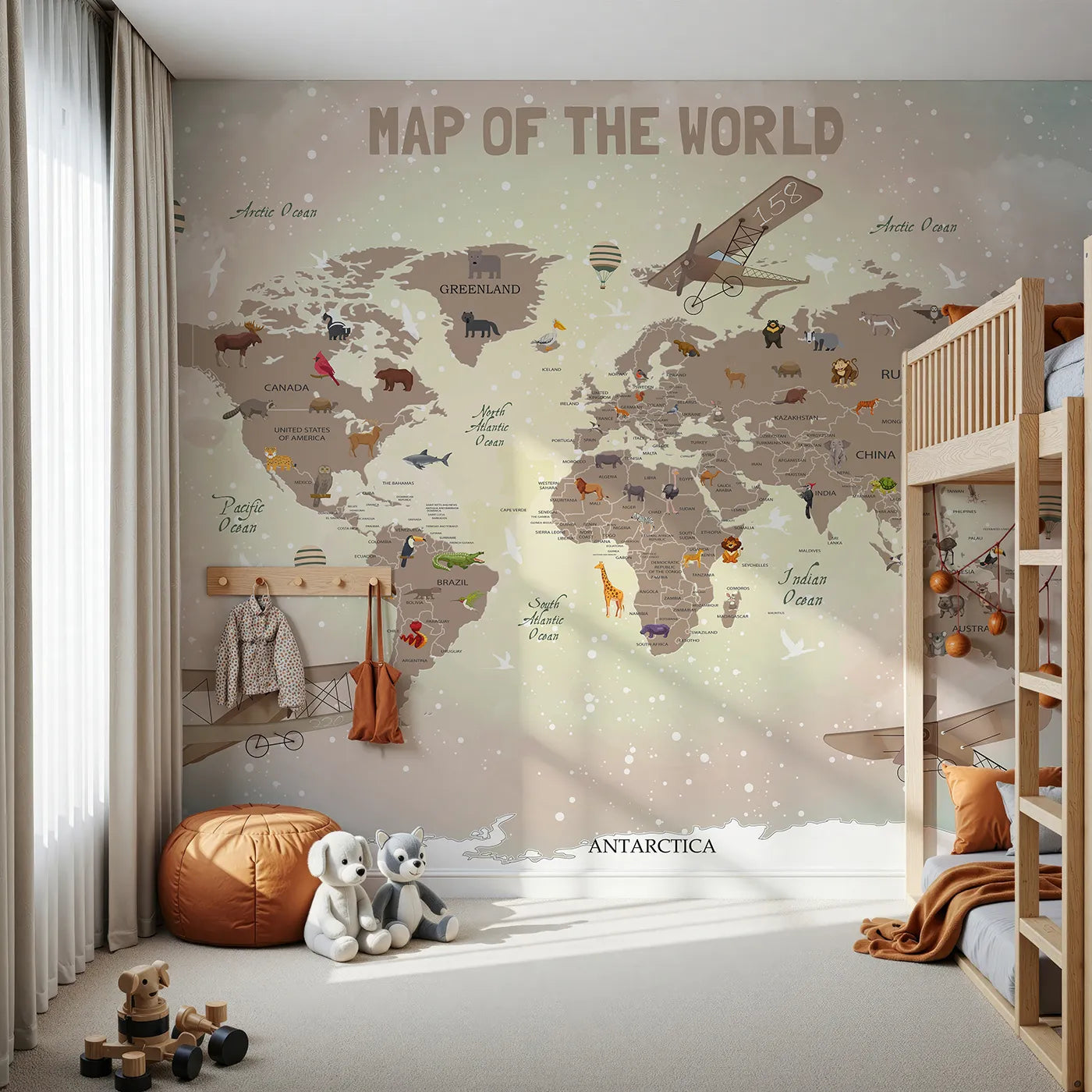 Front view of Whimsy Tots' Vintage Animal Aviator World Map Wall Mural in Brown