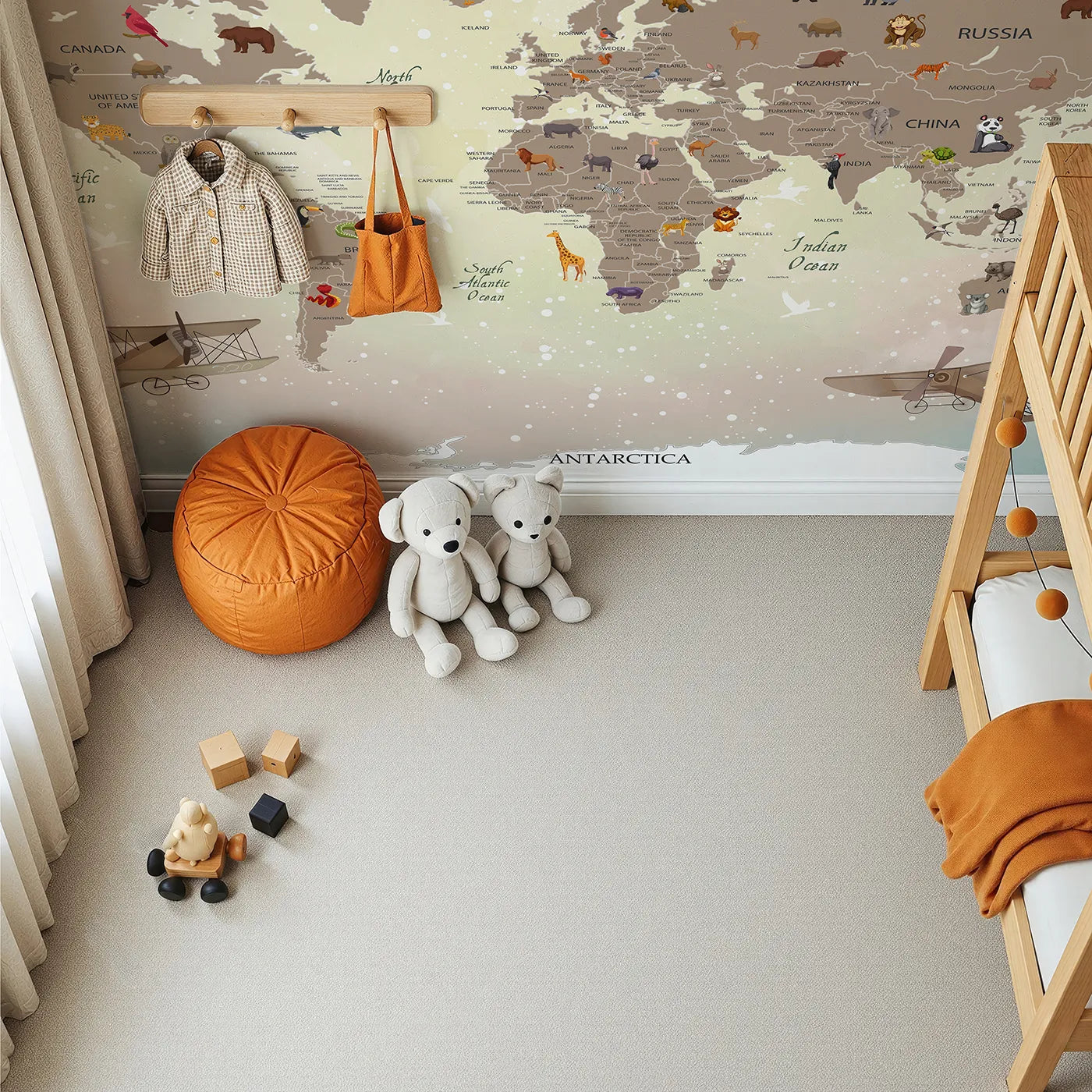 Top-down view of Whimsy Tots' Vintage Animal Aviator World Map Wall Mural in Brown (Turn Their Room into a Whimsical World Tour).Gender-Neutral