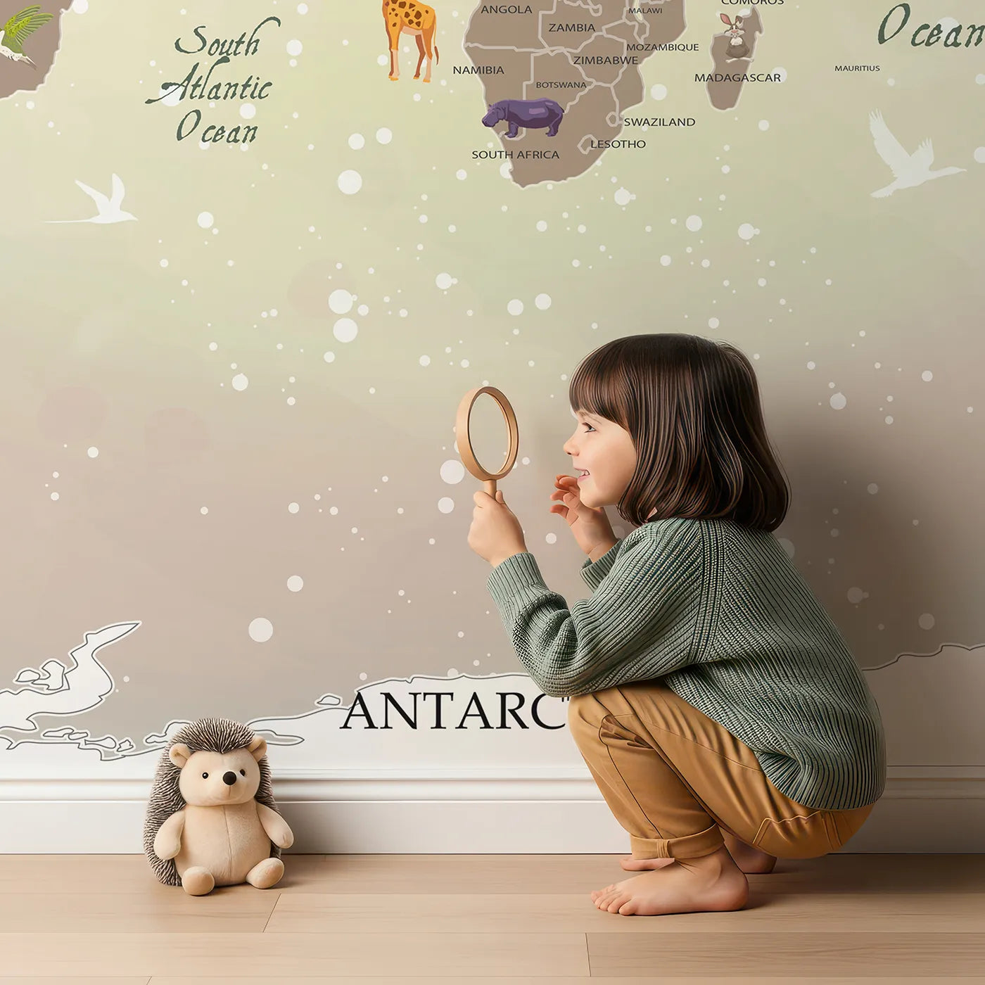 Child in front of Whimsy Tots Vintage Animal Aviator World Map Wall Mural in Brown with map, world, animal, vintage, airplane, balloon, travel, brown in design.