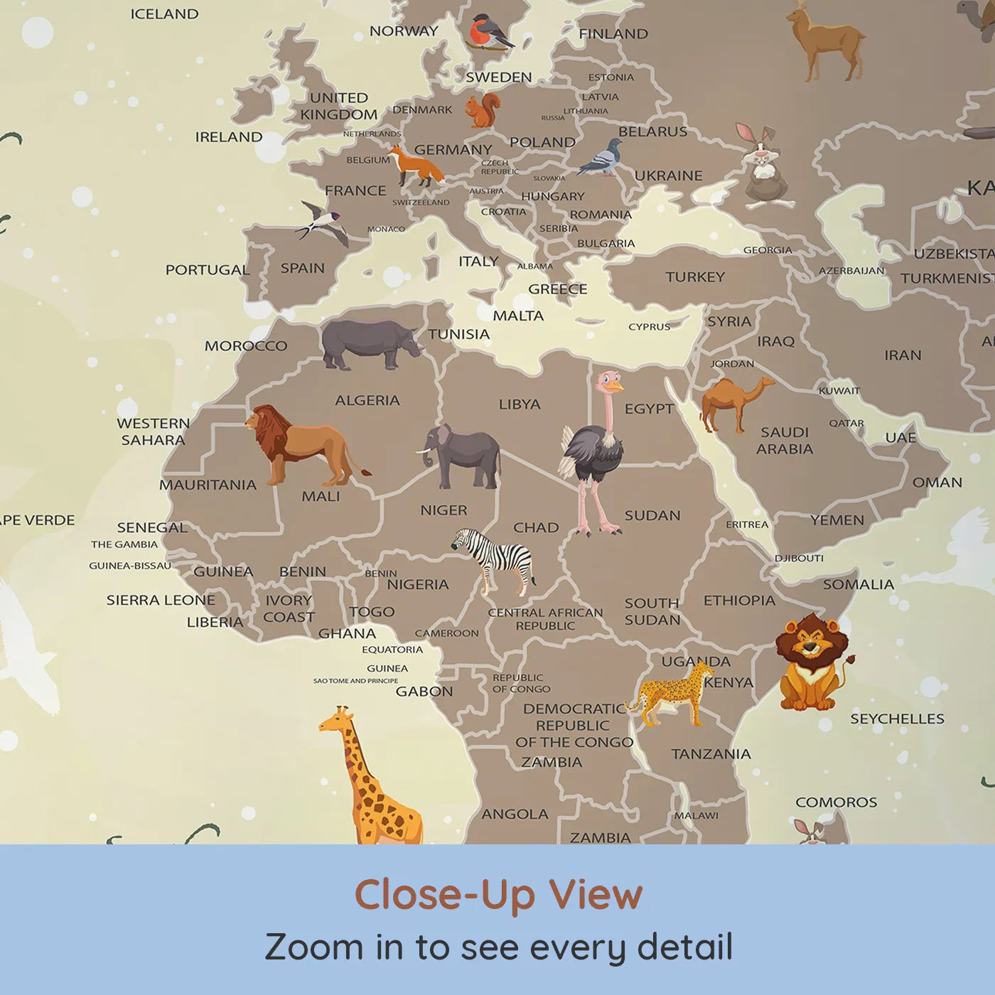 Close-up view of Whimsy Tots' Vintage Animal Aviator World Map Wall Mural in Brown (Turn Their Room into a Whimsical World Tour).Gender-Neutral