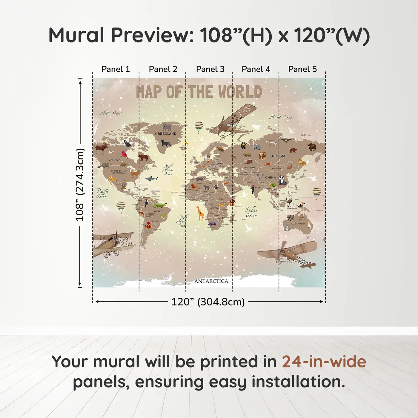 Whimsy Tots Vintage Animal Aviator World Map Wall Mural in Browndimension view (108" H x 120" W). Printed in five 24-inch-wide panels. Gender-Neutral
