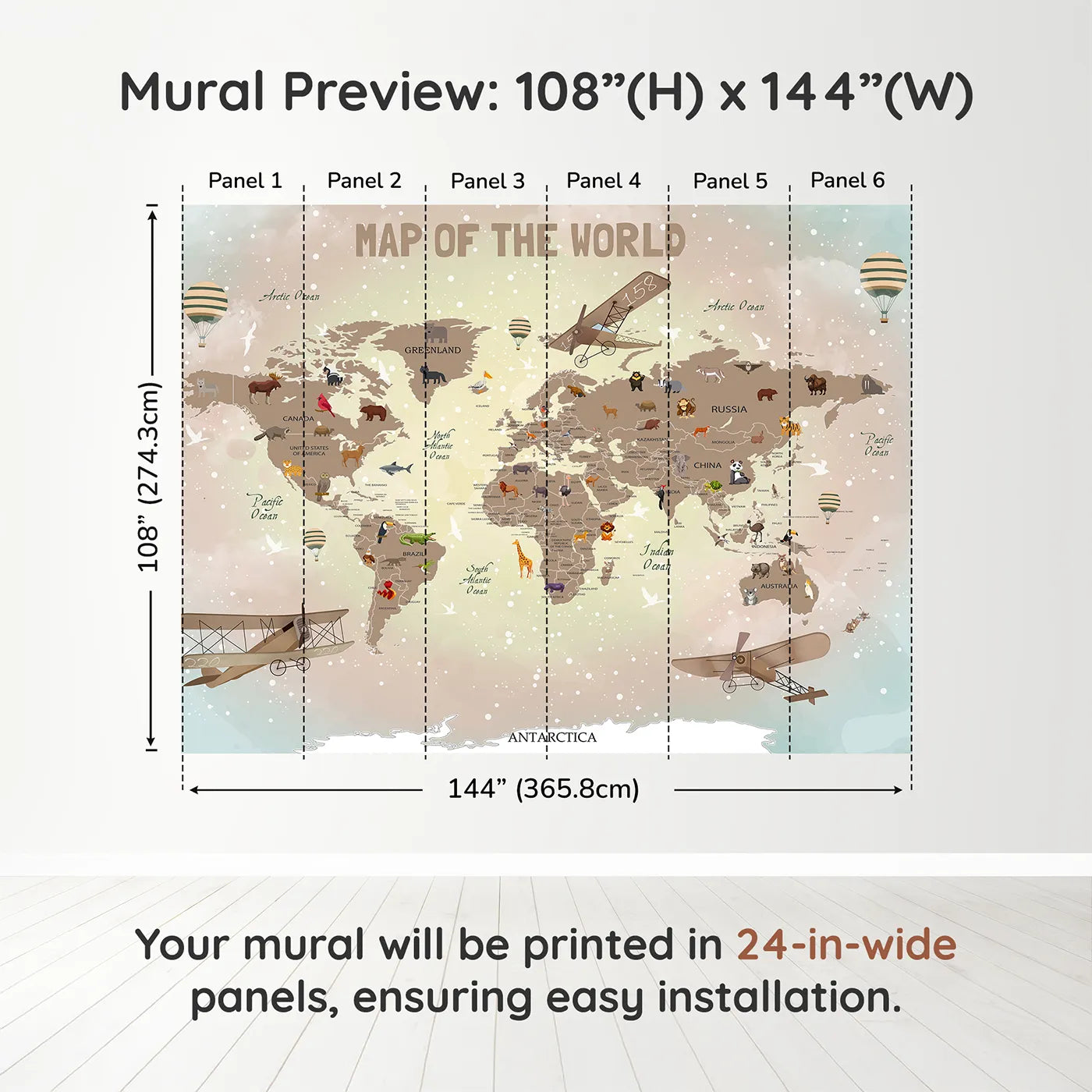 Whimsy Tots Vintage Animal Aviator World Map Wall Mural in Browndimension view (108" H x 144" W). Printed in six 24-inch-wide panels. Gender-Neutral
