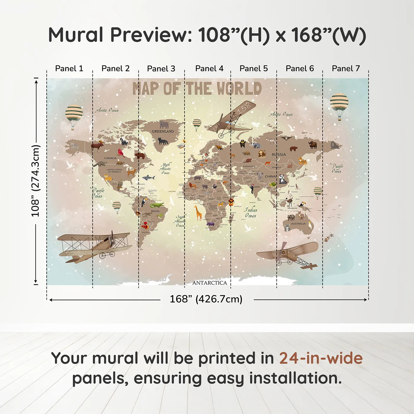 Whimsy Tots Vintage Animal Aviator World Map Wall Mural in Browndimension view (108" H x 168" W). Printed in seven 24-inch-wide panels. Gender-Neutral