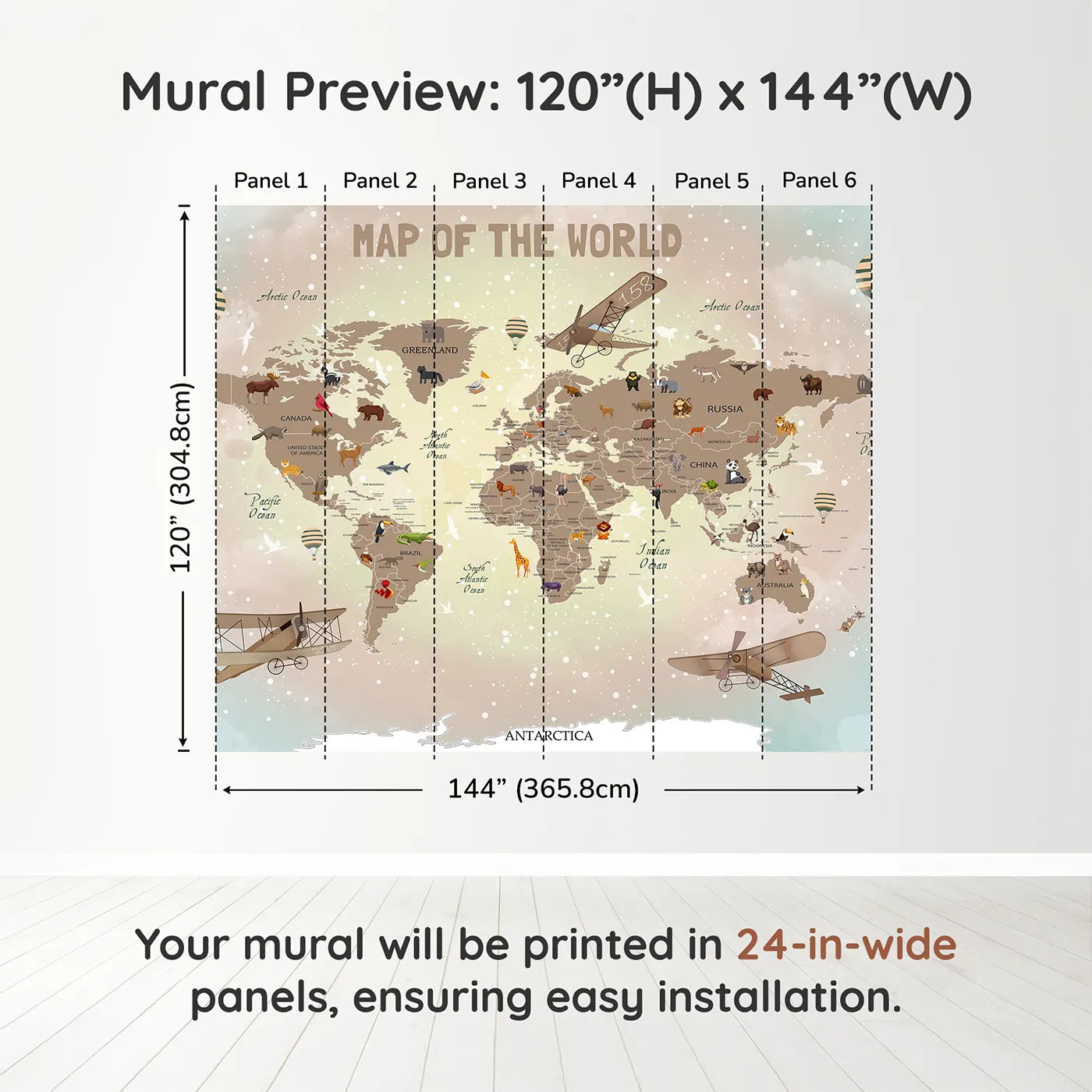 Whimsy Tots Vintage Animal Aviator World Map Wall Mural in Browndimension view (120" H x 144" W). Printed in six 24-inch-wide panels. Gender-Neutral