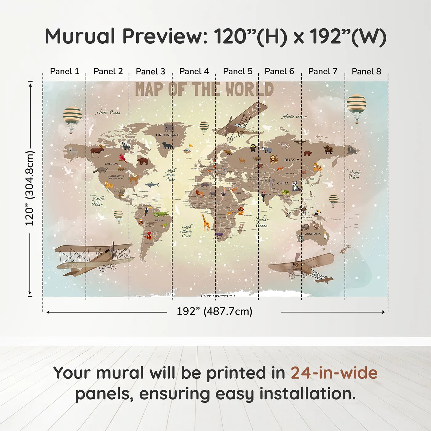Whimsy Tots Vintage Animal Aviator World Map Wall Mural in Browndimension view (120" H x 192" W). Printed in eight 24-inch-wide panels. Gender-Neutral