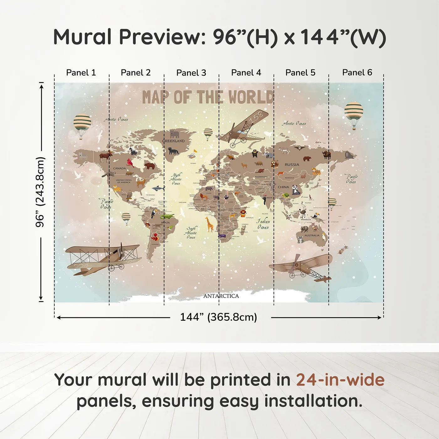 Whimsy Tots Vintage Animal Aviator World Map Wall Mural in Browndimension view (96" H x 144" W). Printed in six 24-inch-wide panels. Gender-Neutral