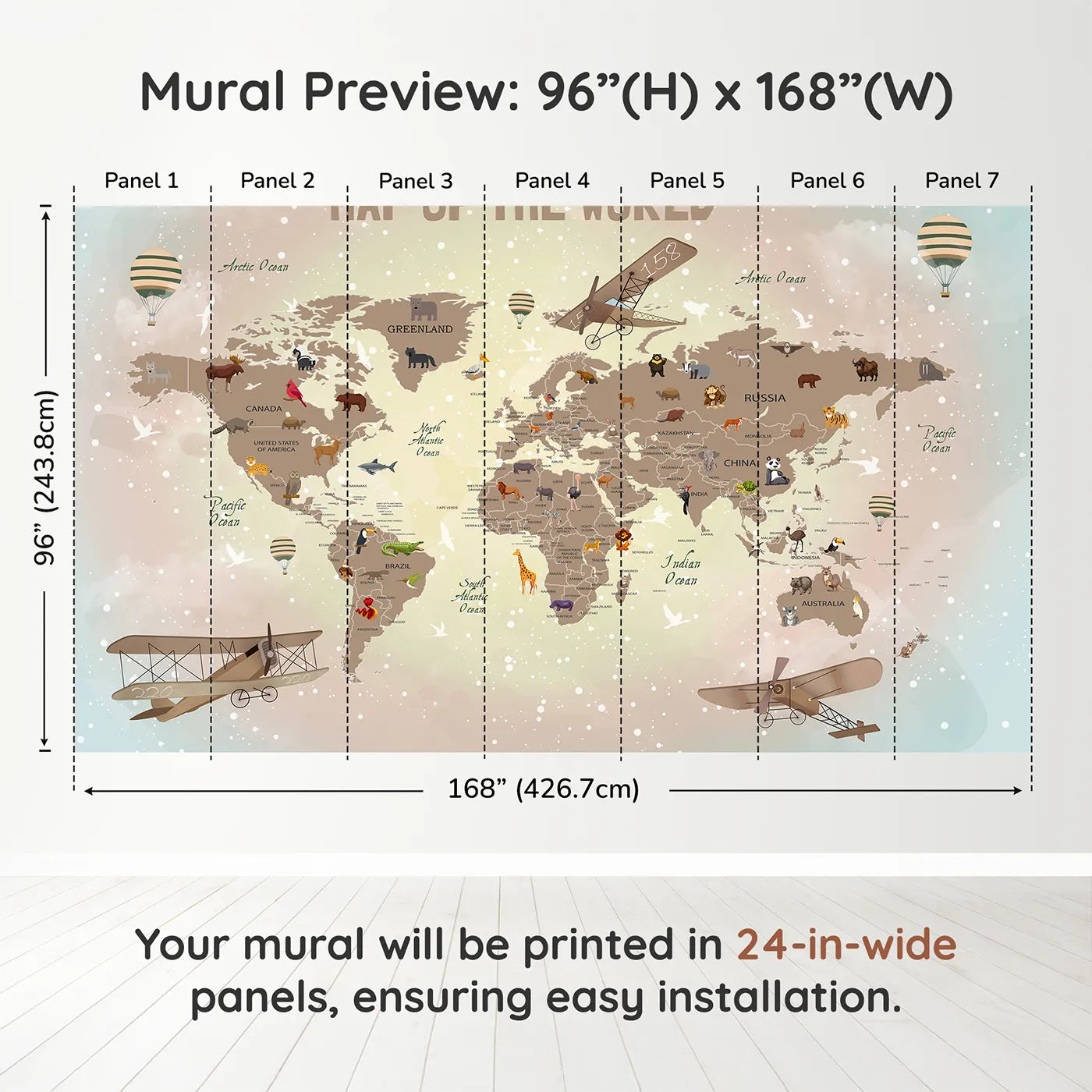 Whimsy Tots Vintage Animal Aviator World Map Wall Mural in Browndimension view (96" H x 168" W). Printed in seven 24-inch-wide panels. Gender-Neutral