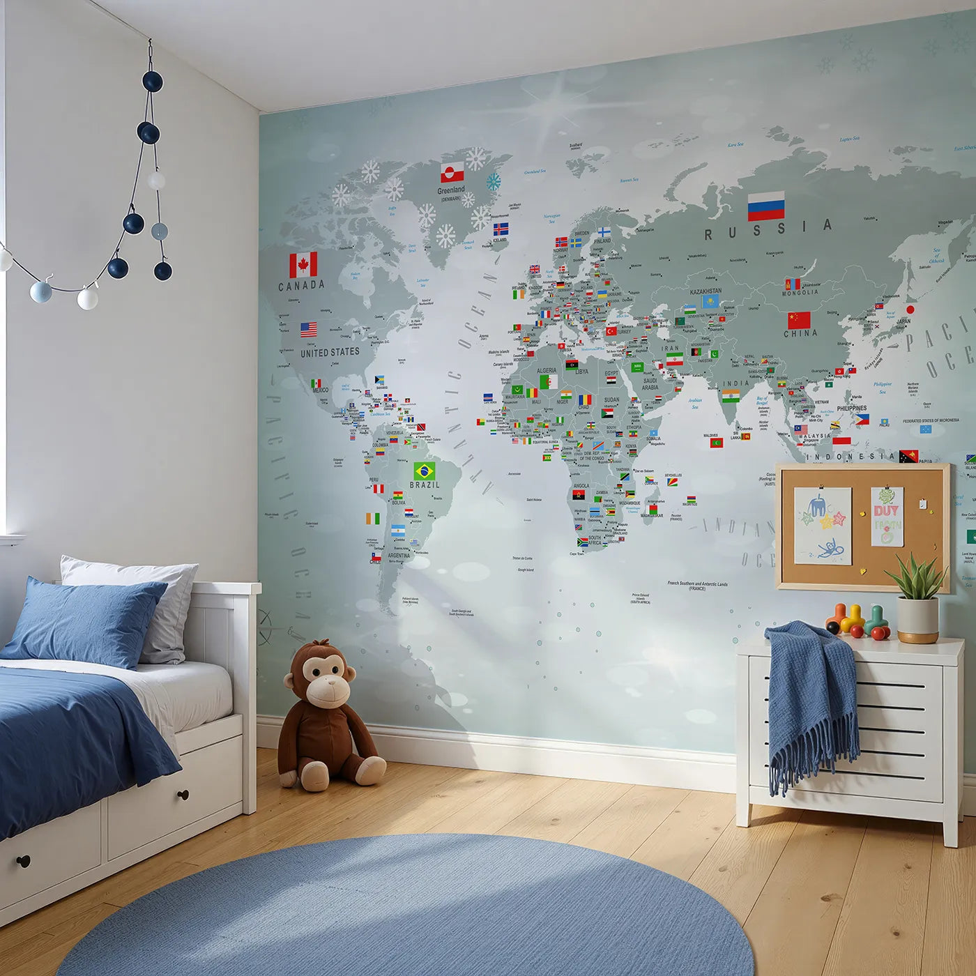 Angled view of Whimsy Tots' Winter World Map with Flags Wall Mural (Turn Their Room into a Grand, Snowy Tour of the Globe).Gender-Neutral