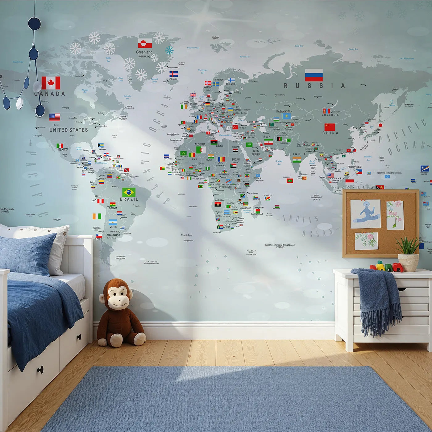 Front view of Whimsy Tots' Winter World Map with Flags Wall Mural