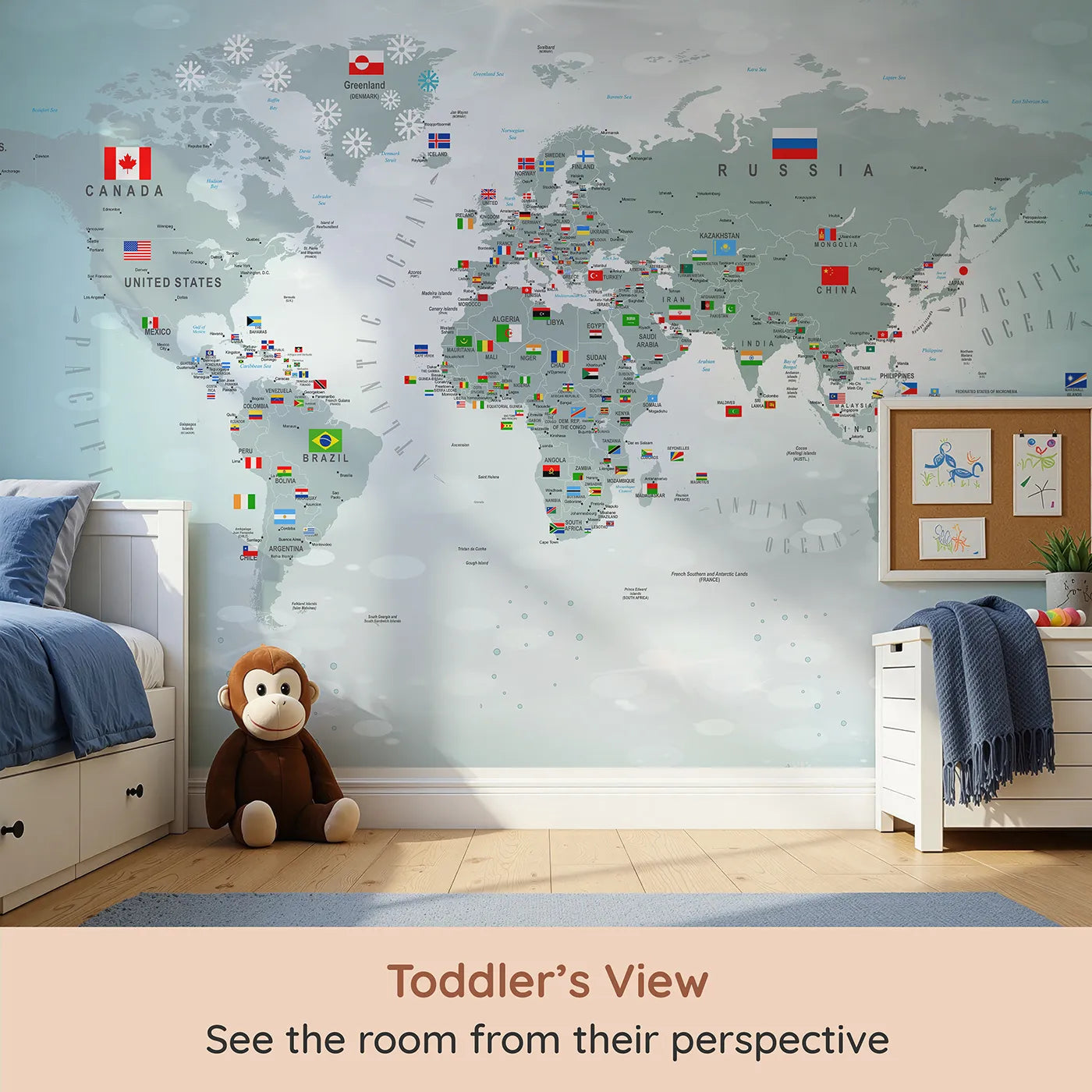 Whimsy Tots Winter World Map with Flags Wall Mural (Turn Their Room into a Grand, Snowy Tour of the Globe) from your child's view.Gender-Neutral