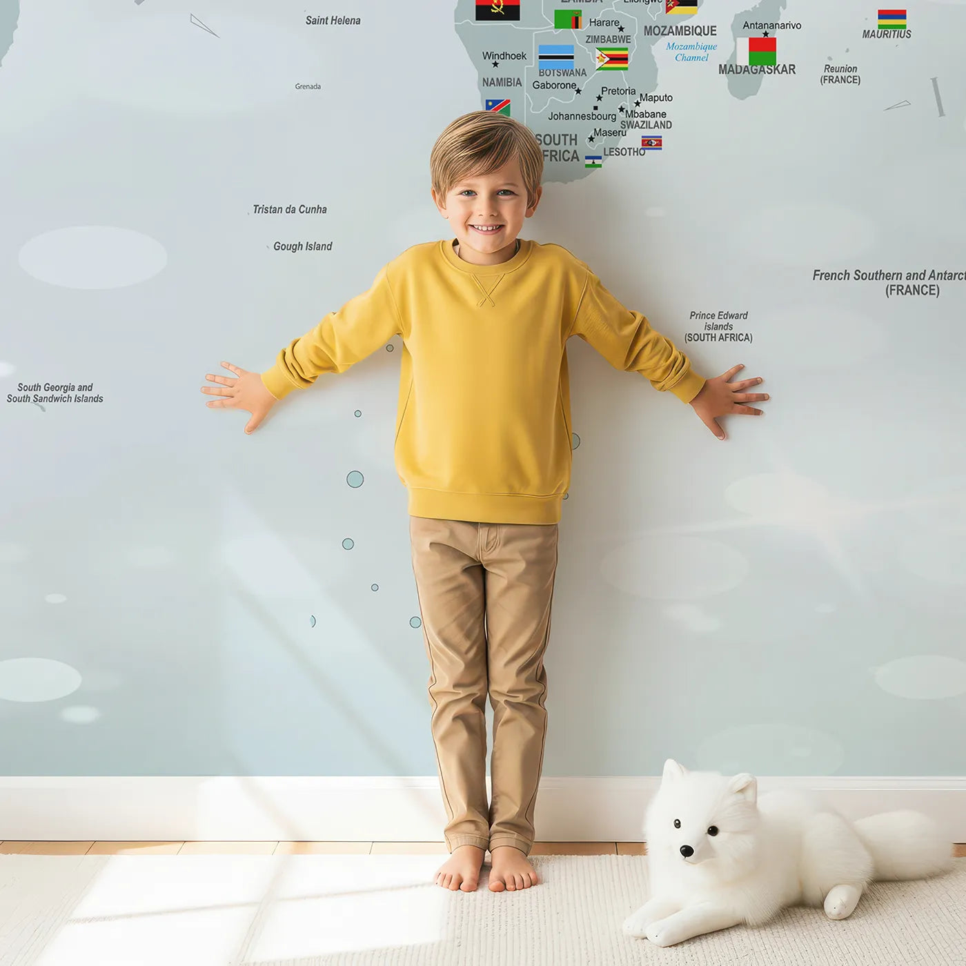 Child in front of Whimsy Tots Winter World Map with Flags Wall Mural with map, world, flag, country, educational, travel, winter, snow in design.