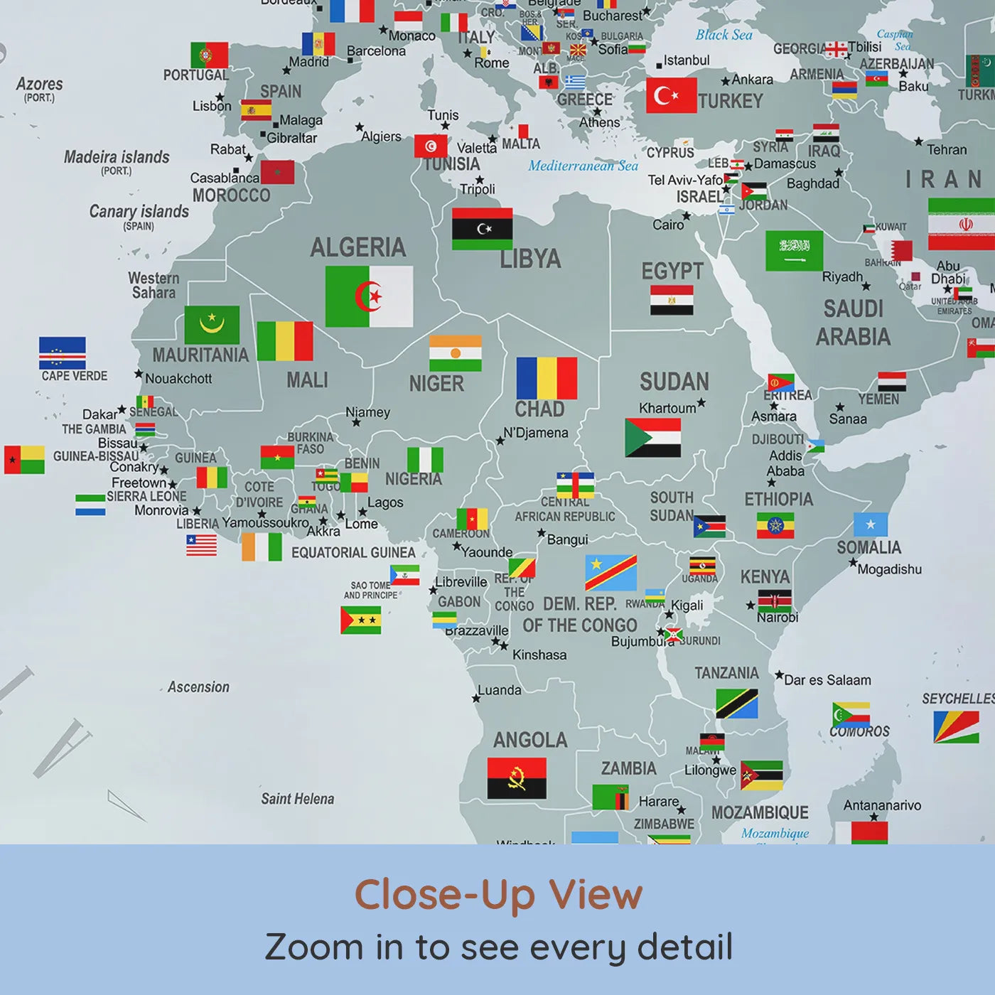 Close-up view of Whimsy Tots' Winter World Map with Flags Wall Mural (Turn Their Room into a Grand, Snowy Tour of the Globe).Gender-Neutral