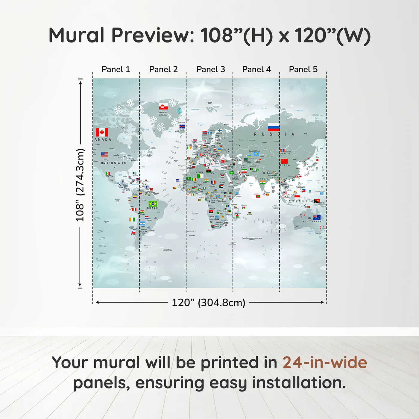 Whimsy Tots Winter World Map with Flags Wall Muraldimension view (108" H x 120" W). Printed in five 24-inch-wide panels. Gender-Neutral