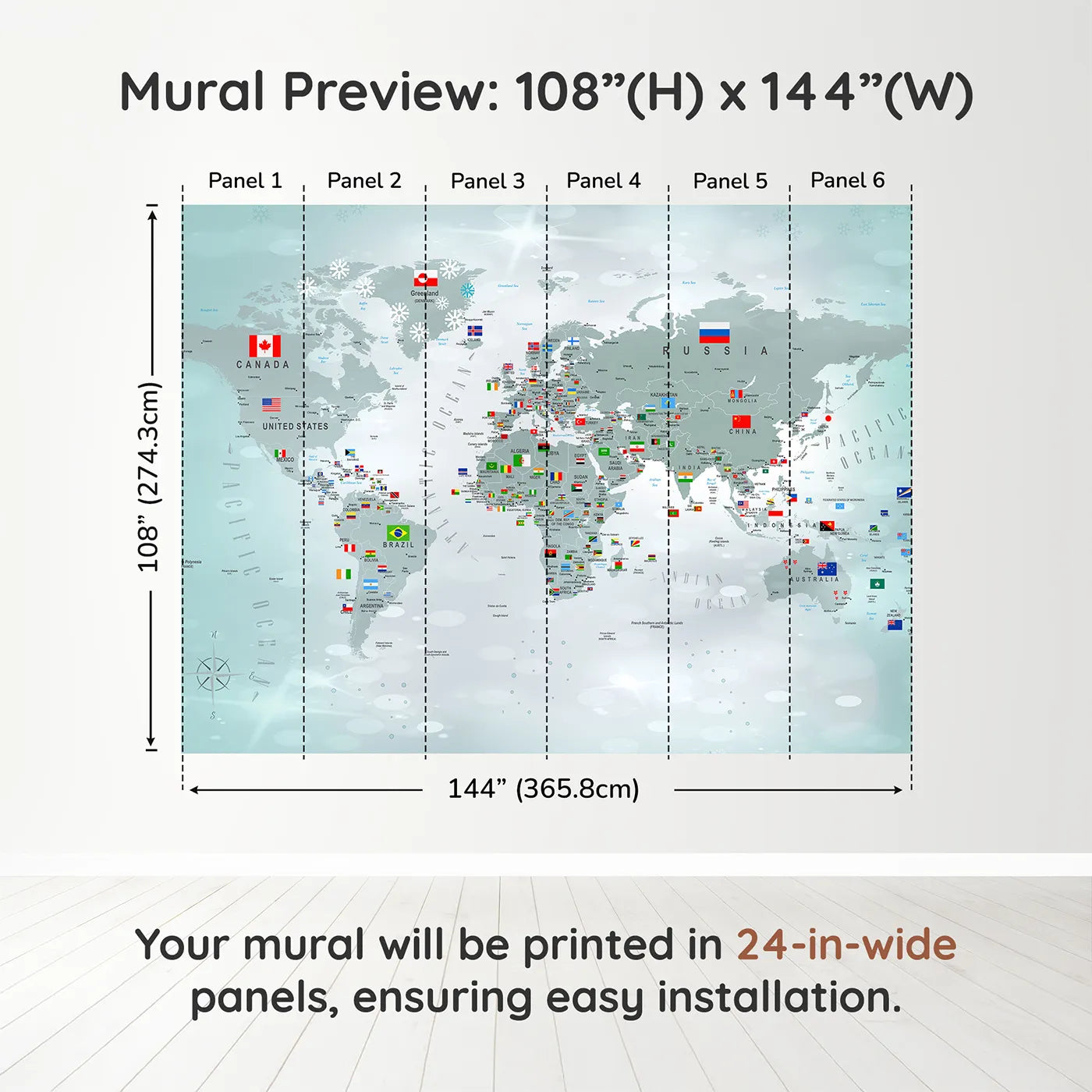 Whimsy Tots Winter World Map with Flags Wall Muraldimension view (108" H x 144" W). Printed in six 24-inch-wide panels. Gender-Neutral