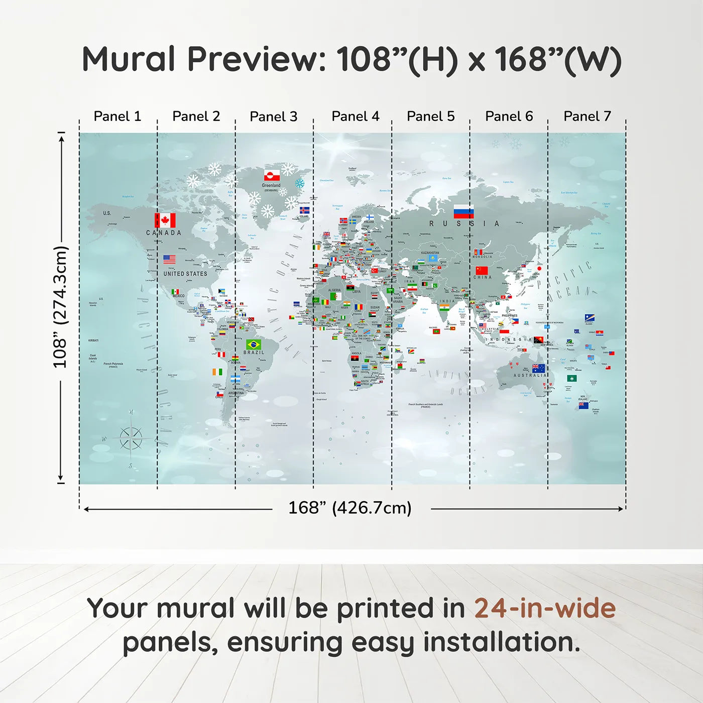 Whimsy Tots Winter World Map with Flags Wall Muraldimension view (108" H x 168" W). Printed in seven 24-inch-wide panels. Gender-Neutral
