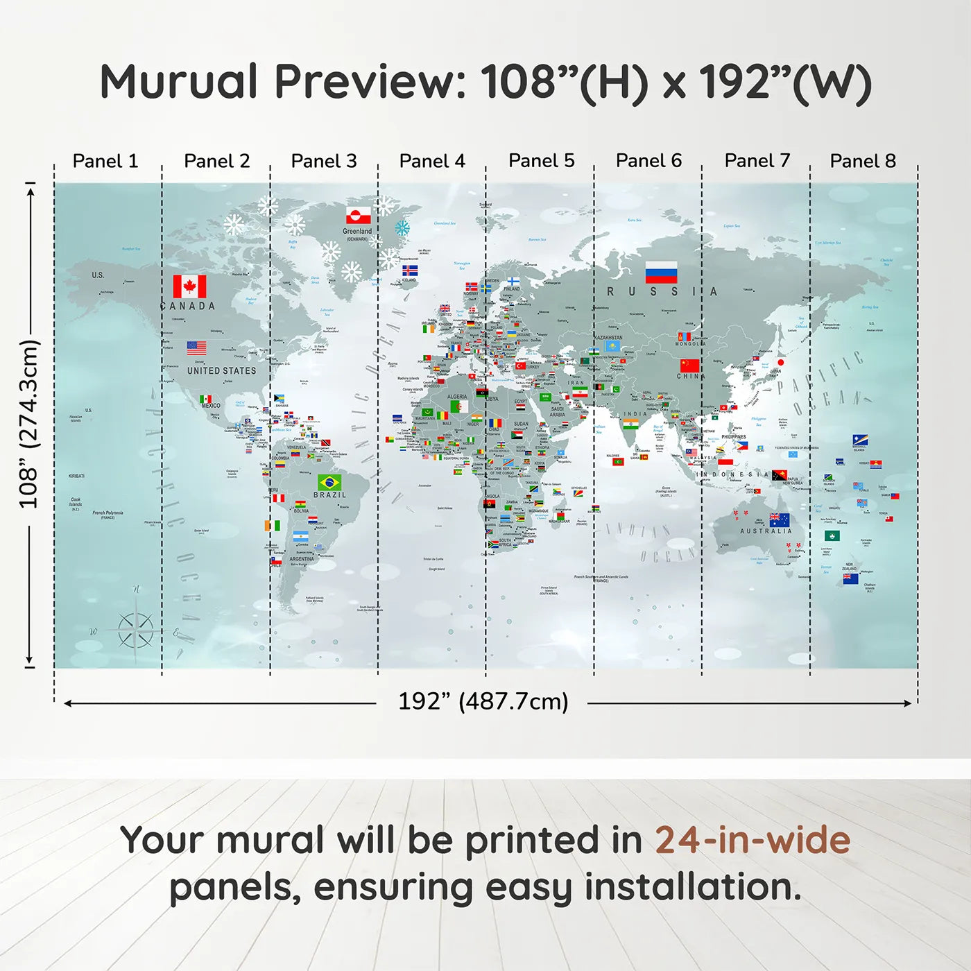 Whimsy Tots Winter World Map with Flags Wall Muraldimension view (108" H x 192" W). Printed in eight 24-inch-wide panels. Gender-Neutral
