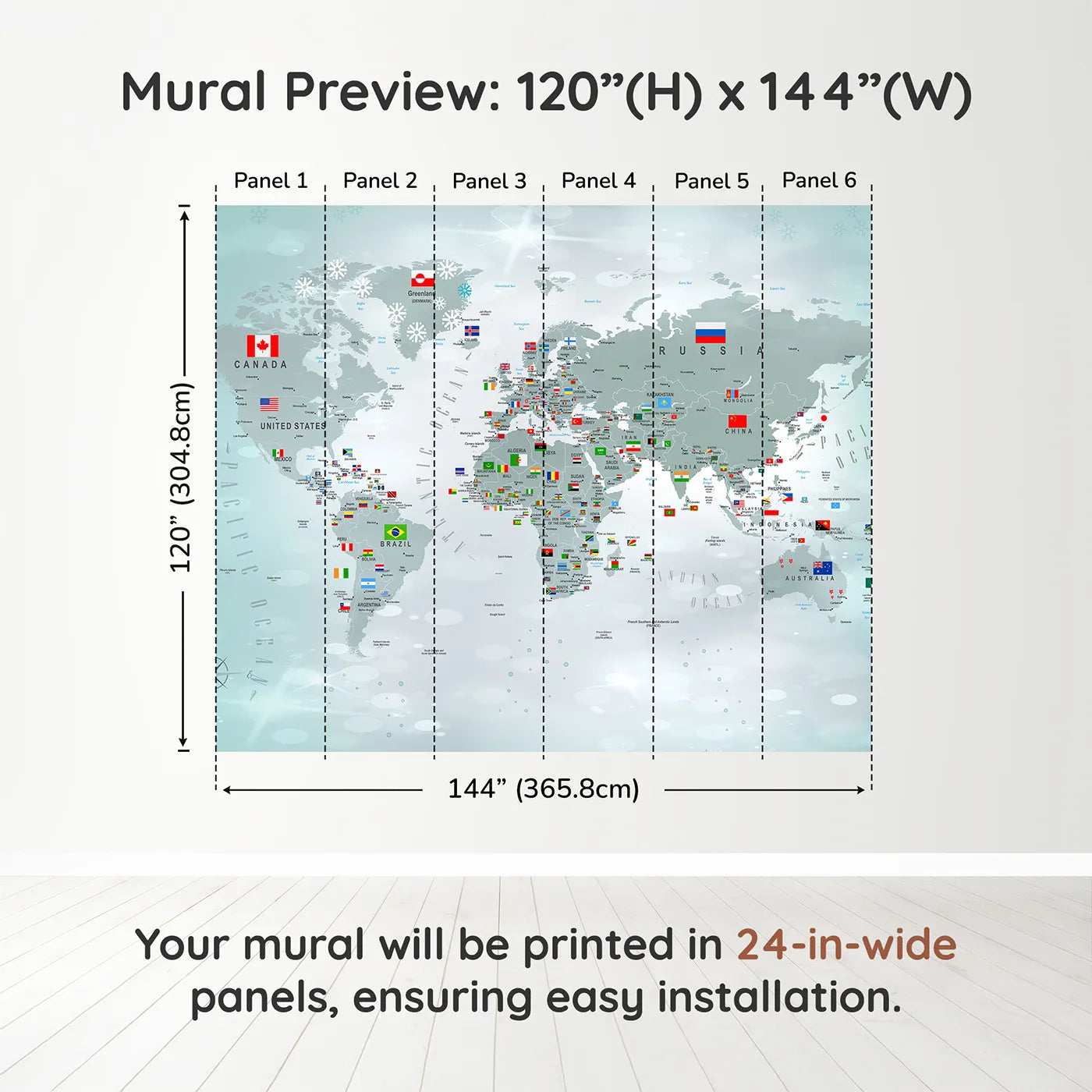 Whimsy Tots Winter World Map with Flags Wall Muraldimension view (120" H x 144" W). Printed in six 24-inch-wide panels. Gender-Neutral