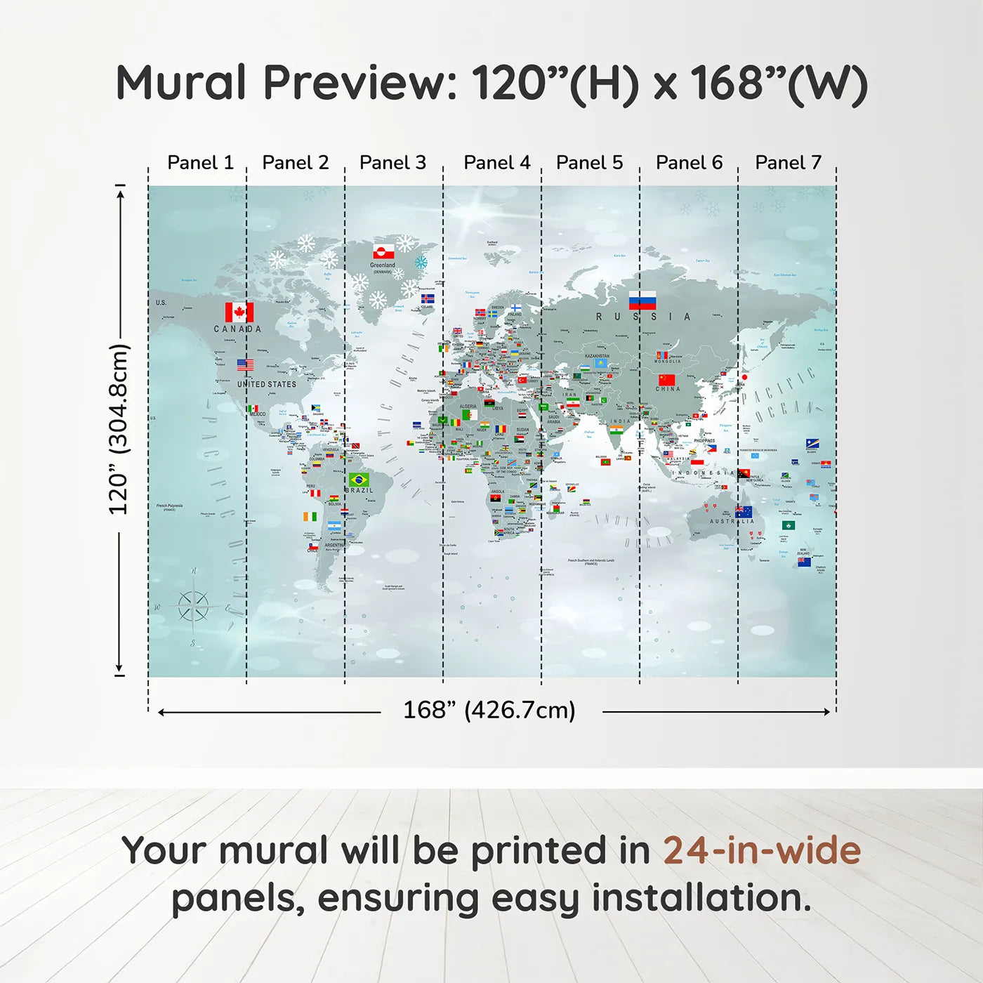 Whimsy Tots Winter World Map with Flags Wall Muraldimension view (120" H x 168" W). Printed in seven 24-inch-wide panels. Gender-Neutral
