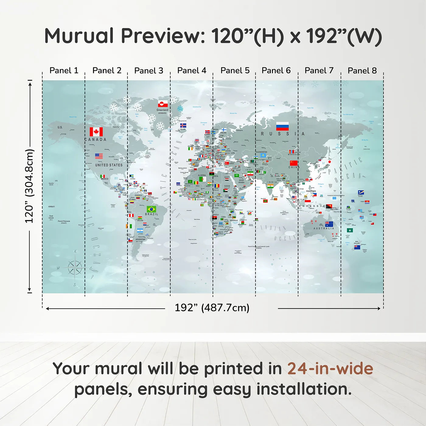 Whimsy Tots Winter World Map with Flags Wall Muraldimension view (120" H x 192" W). Printed in eight 24-inch-wide panels. Gender-Neutral
