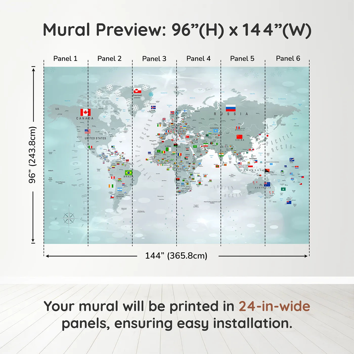 Whimsy Tots Winter World Map with Flags Wall Muraldimension view (96" H x 144" W). Printed in six 24-inch-wide panels. Gender-Neutral