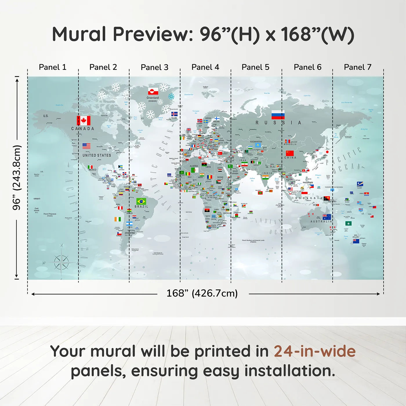 Whimsy Tots Winter World Map with Flags Wall Muraldimension view (96" H x 168" W). Printed in seven 24-inch-wide panels. Gender-Neutral