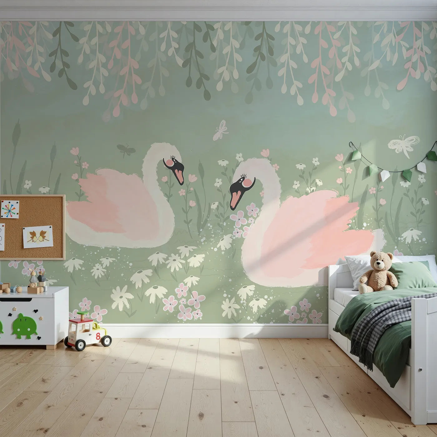 Front view of Whimsy Tots' Pink Swan Lake Wall Mural