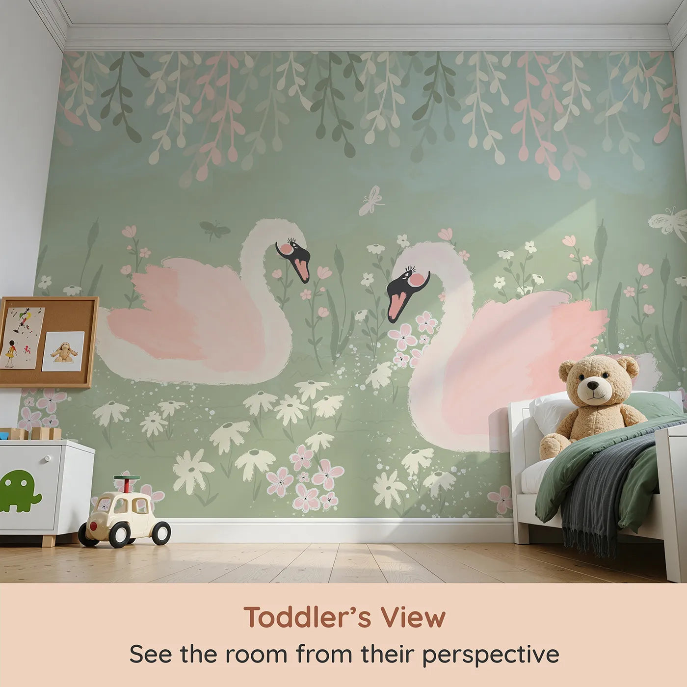 Whimsy Tots Pink Swan Lake Wall Mural (Turn Their Room into a Gentle, Romantic Waterside Scene) from your child's view.Best for Girls