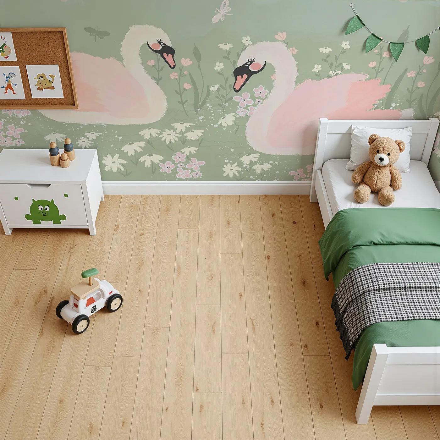 Top-down view of Whimsy Tots' Pink Swan Lake Wall Mural (Turn Their Room into a Gentle, Romantic Waterside Scene).Best for Girls