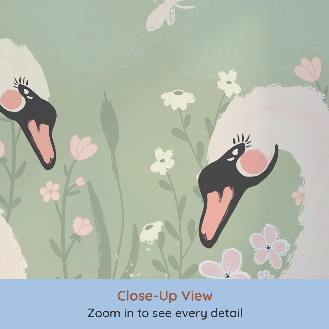 Close-up view of Whimsy Tots' Pink Swan Lake Wall Mural (Turn Their Room into a Gentle, Romantic Waterside Scene).Best for Girls