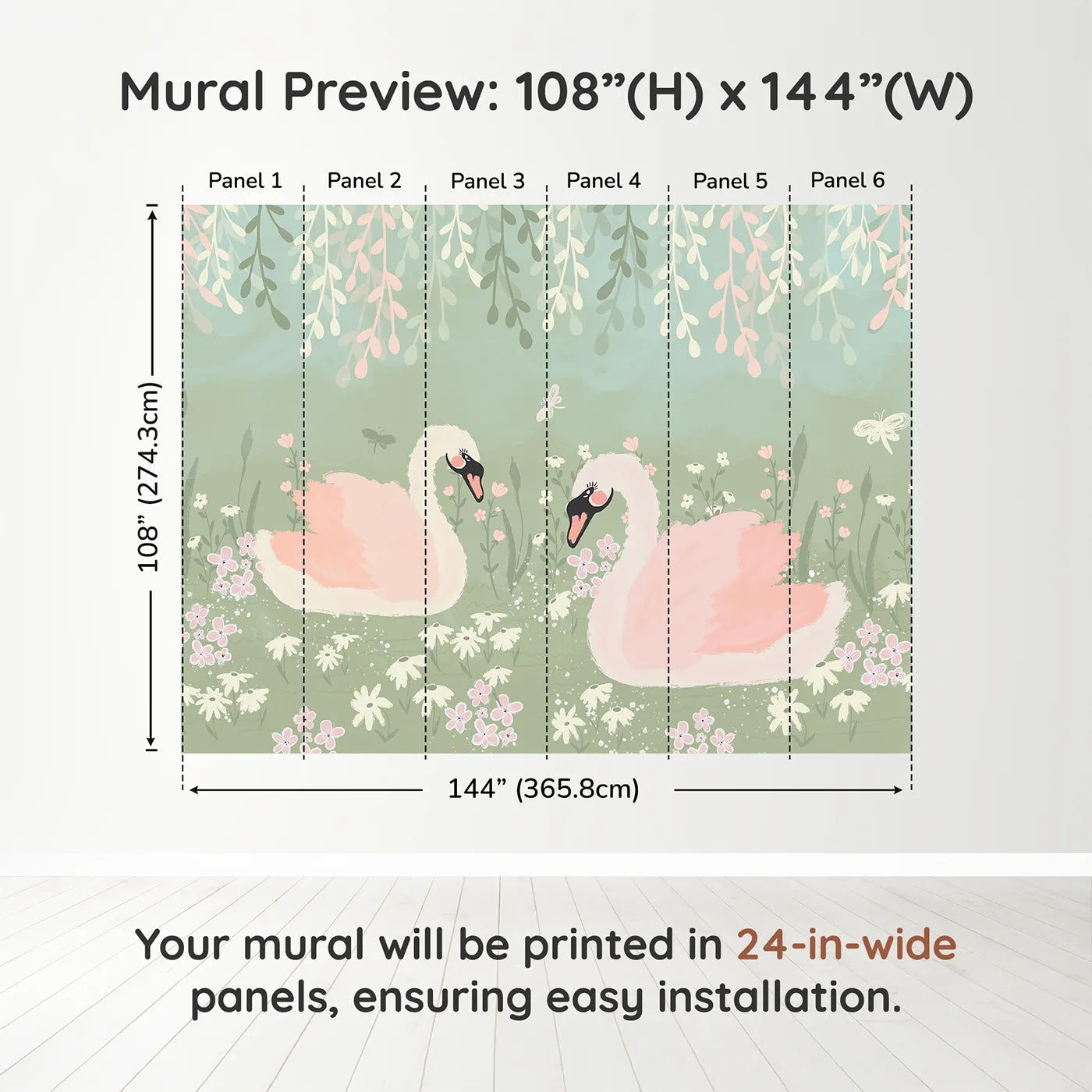 Whimsy Tots Pink Swan Lake Wall Muraldimension view (108" H x 144" W). Printed in six 24-inch-wide panels. Best for Girls
