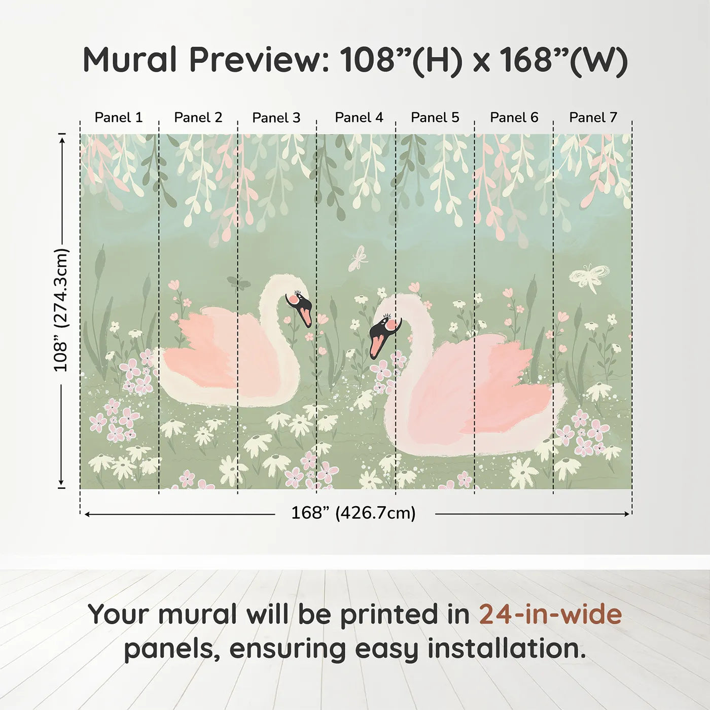 Whimsy Tots Pink Swan Lake Wall Muraldimension view (108" H x 168" W). Printed in seven 24-inch-wide panels. Best for Girls