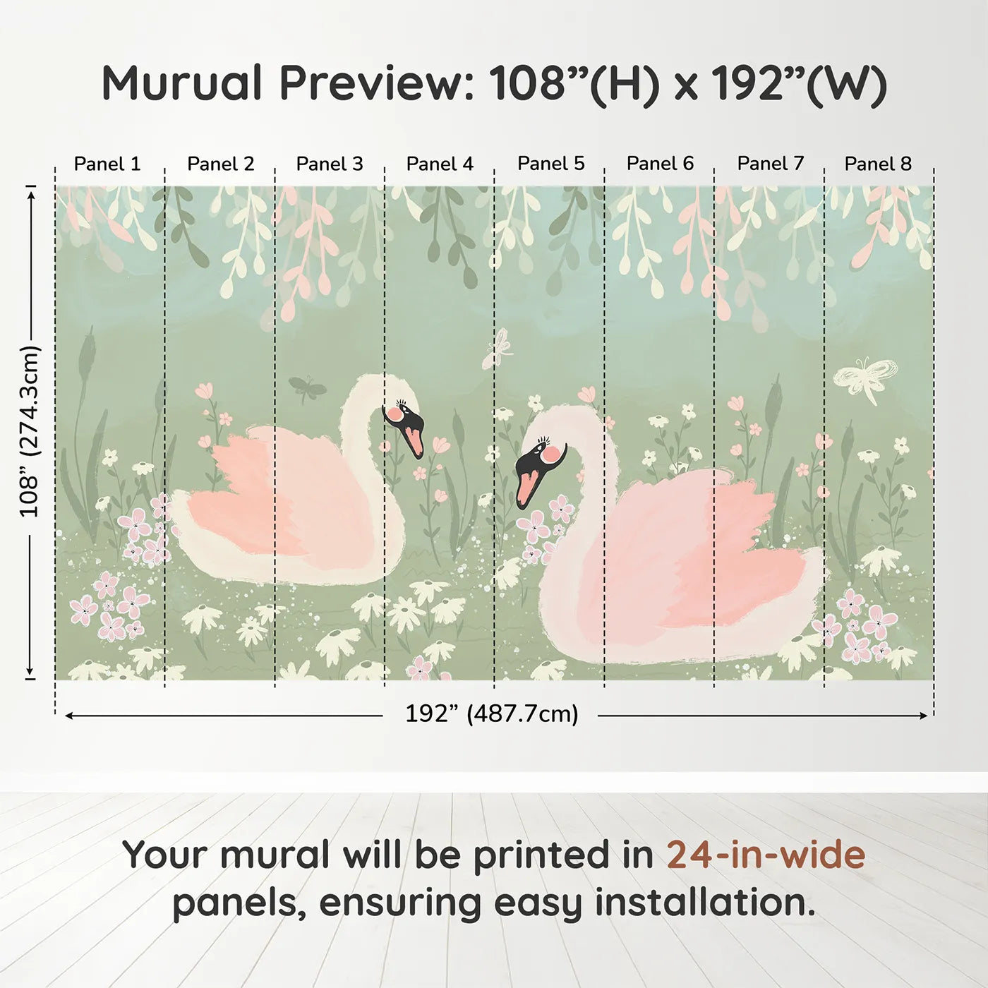 Whimsy Tots Pink Swan Lake Wall Muraldimension view (108" H x 192" W). Printed in eight 24-inch-wide panels. Best for Girls
