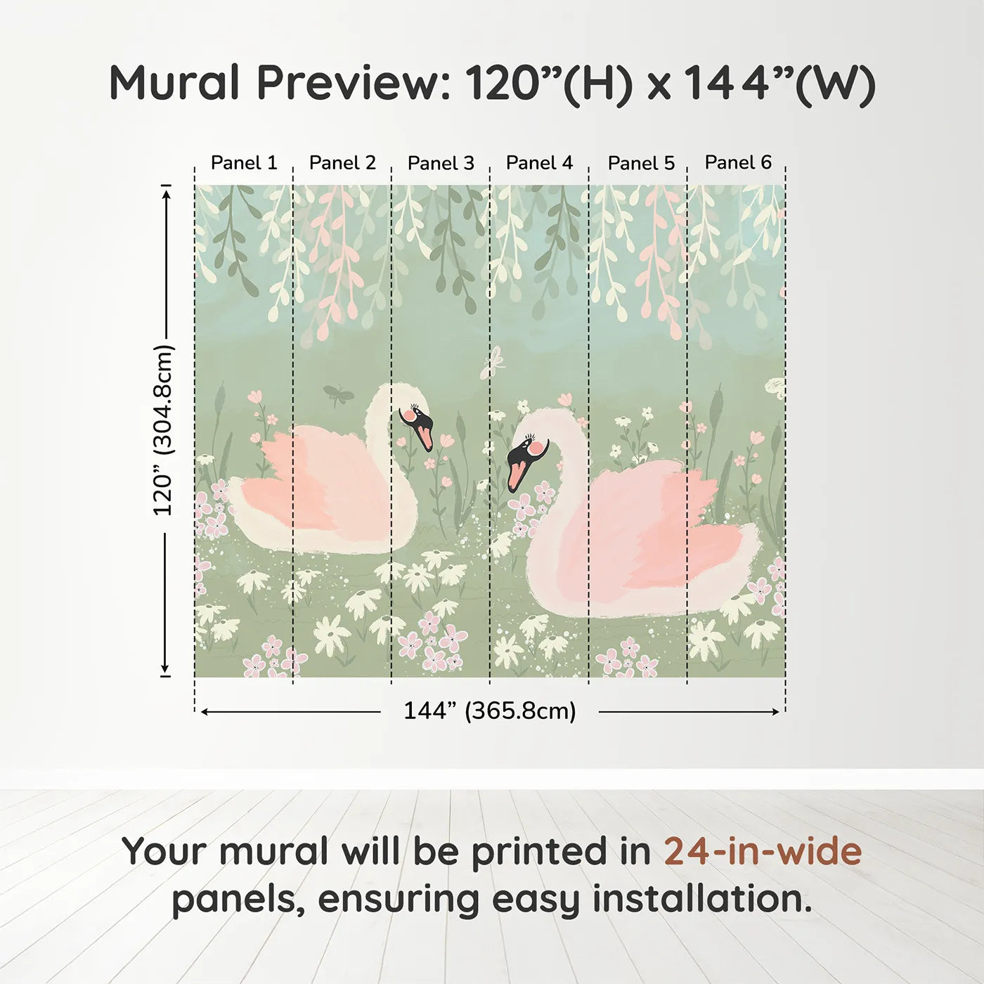 Whimsy Tots Pink Swan Lake Wall Muraldimension view (120" H x 144" W). Printed in six 24-inch-wide panels. Best for Girls
