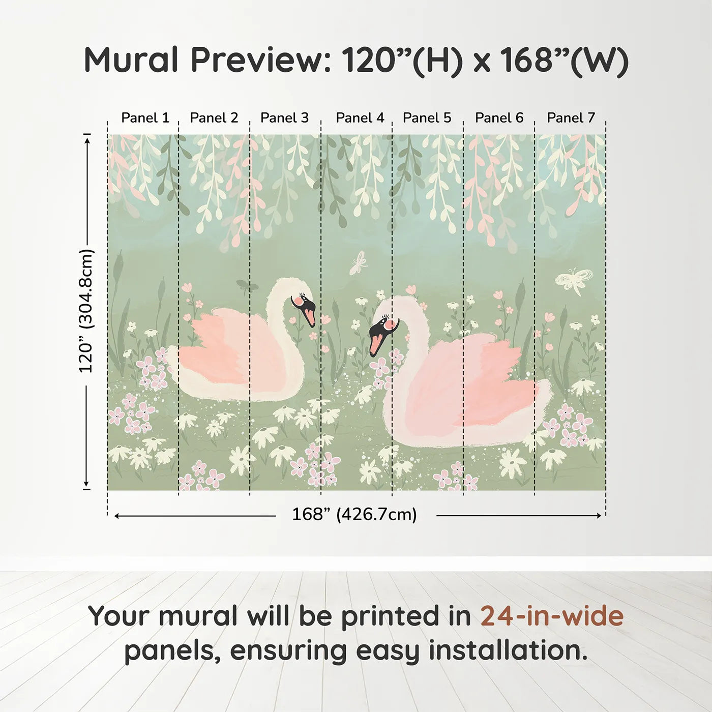Whimsy Tots Pink Swan Lake Wall Muraldimension view (120" H x 168" W). Printed in seven 24-inch-wide panels. Best for Girls