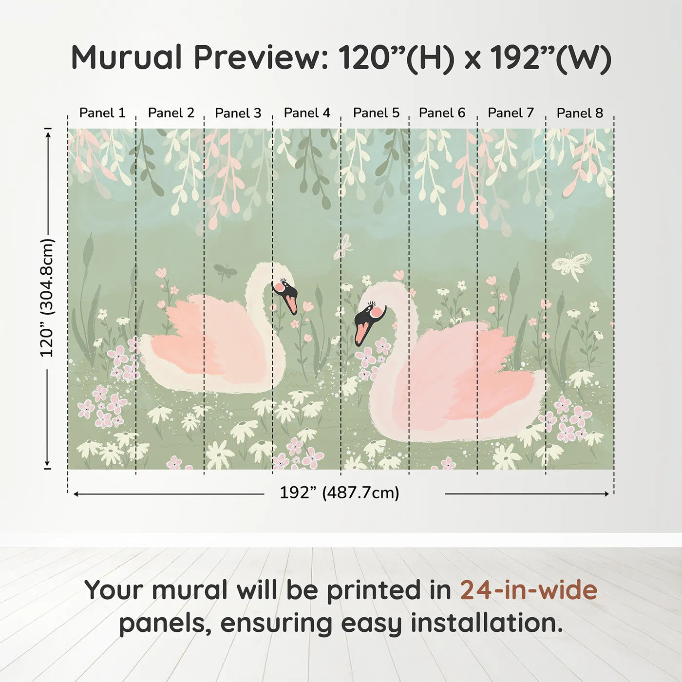 Whimsy Tots Pink Swan Lake Wall Muraldimension view (120" H x 192" W). Printed in eight 24-inch-wide panels. Best for Girls