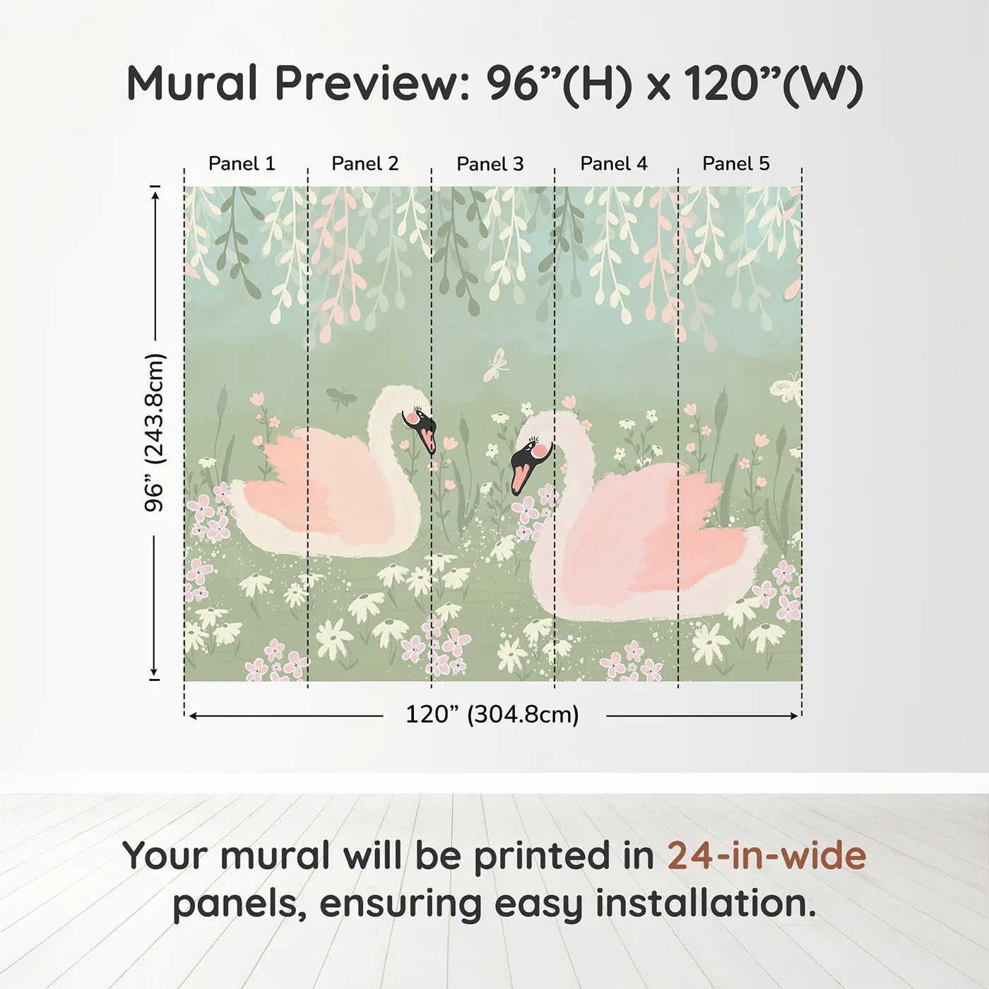 Whimsy Tots Pink Swan Lake Wall Muraldimension view (96" H x 120" W). Printed in five 24-inch-wide panels. Best for Girls