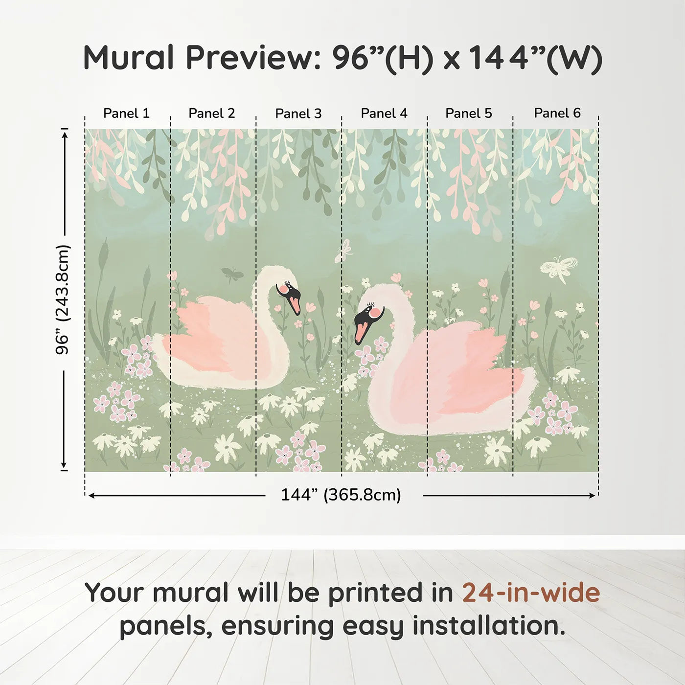Whimsy Tots Pink Swan Lake Wall Muraldimension view (96" H x 144" W). Printed in six 24-inch-wide panels. Best for Girls