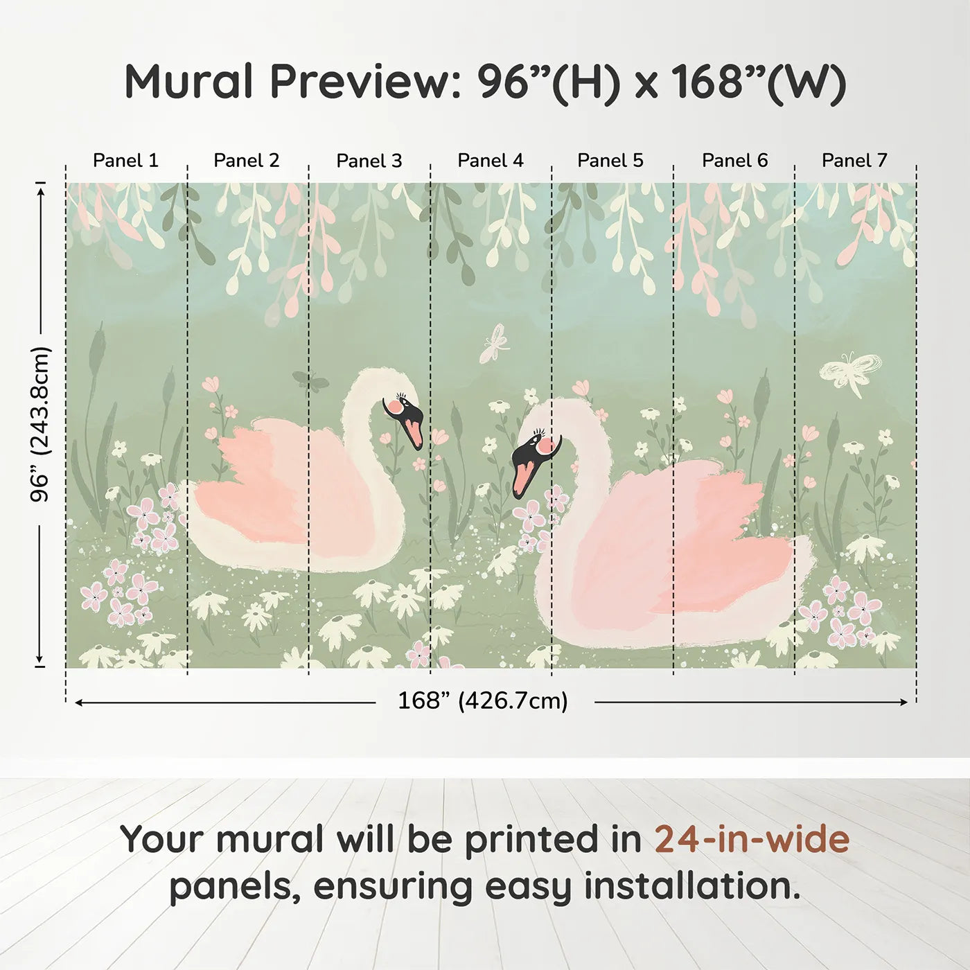 Whimsy Tots Pink Swan Lake Wall Muraldimension view (96" H x 168" W). Printed in seven 24-inch-wide panels. Best for Girls